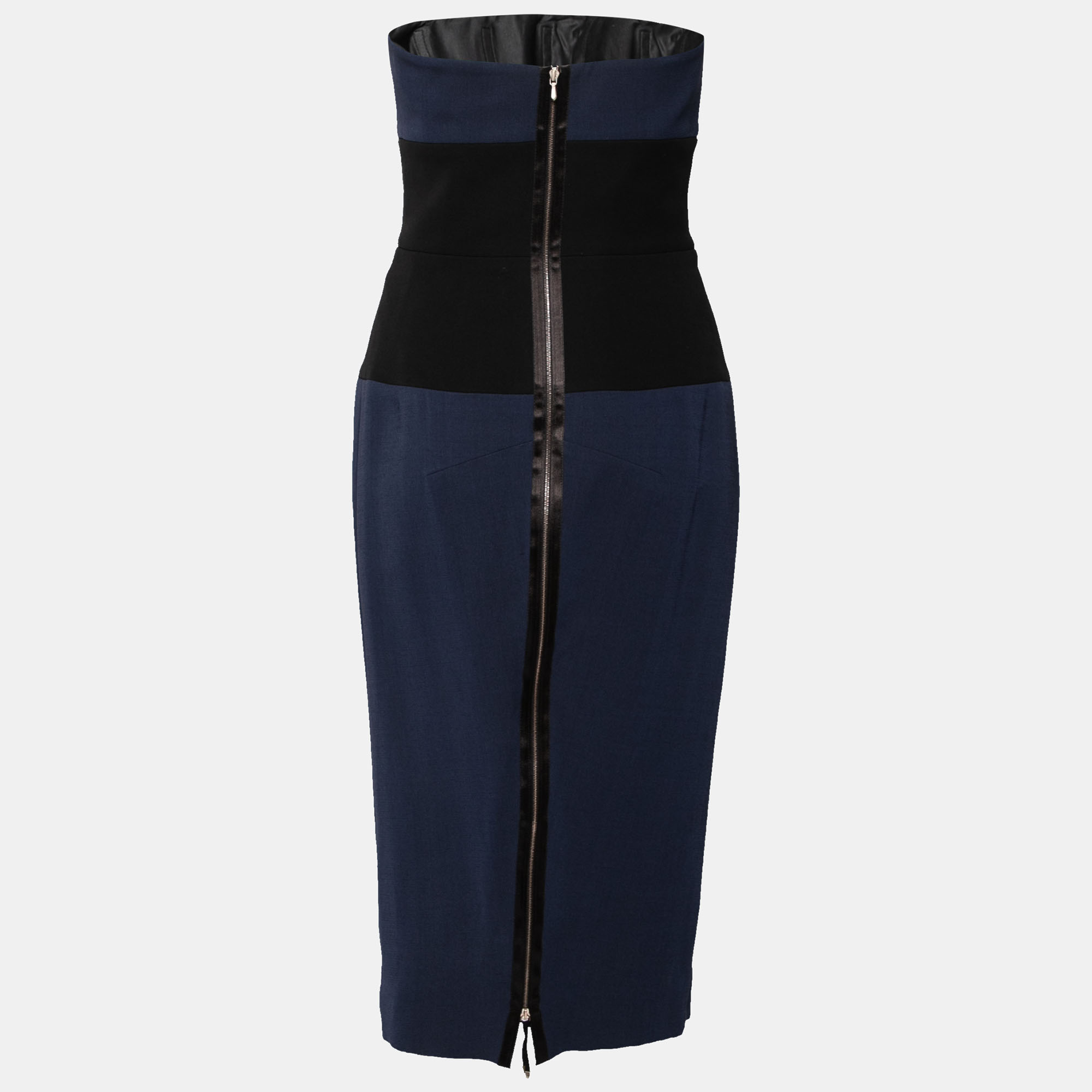 

Victoria Beckham Navy Blue & Black Paneled Silk & Wool Strapless Dress