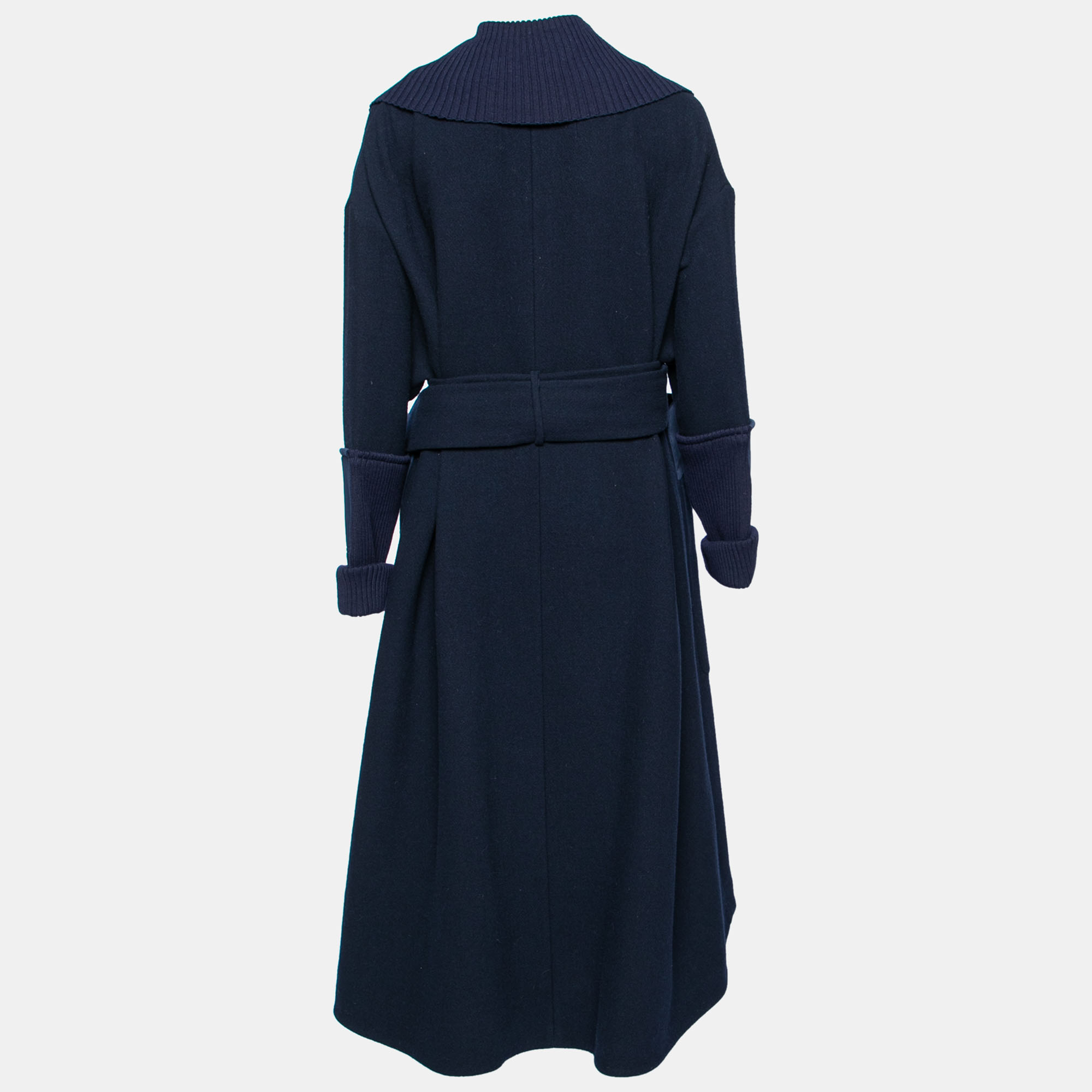 

Victoria Beckham Navy Blue Wool Ribbed Trims Belted Coat