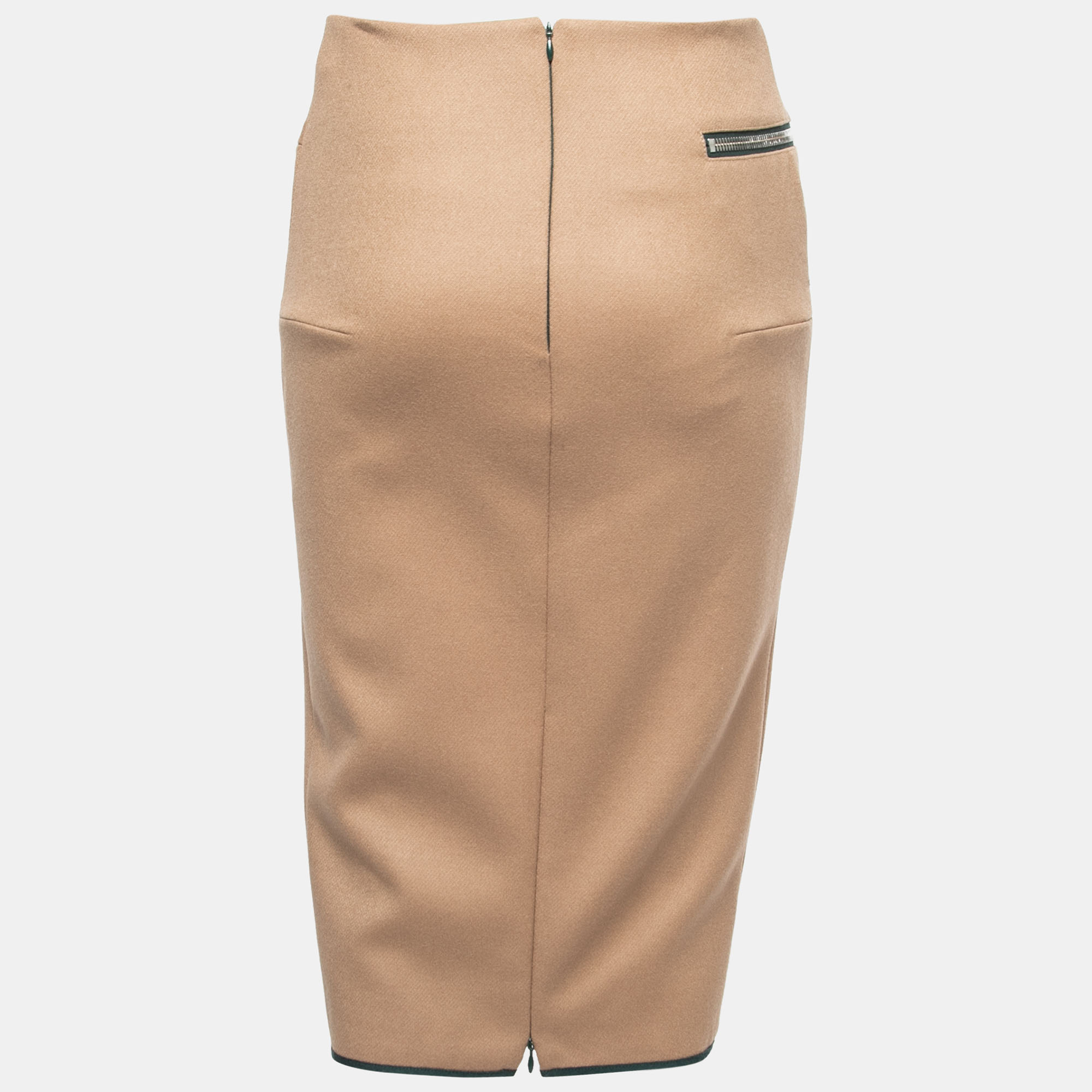 

Victoria Beckham Tan Brown Wool Zipper Detail Pencil Midi Skirt