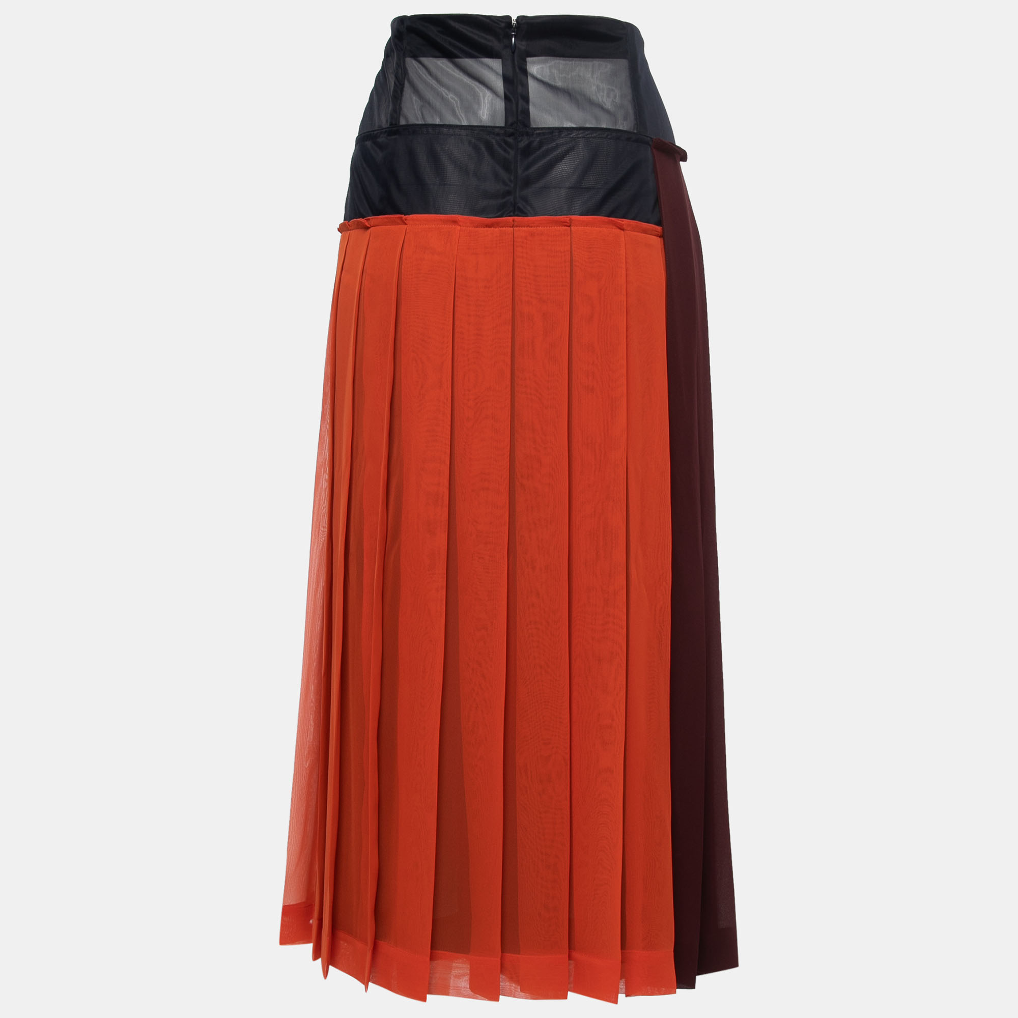 

Victoria Beckham Burgundy Colorblock Paneled Chiffon Pleated Midi Skirt