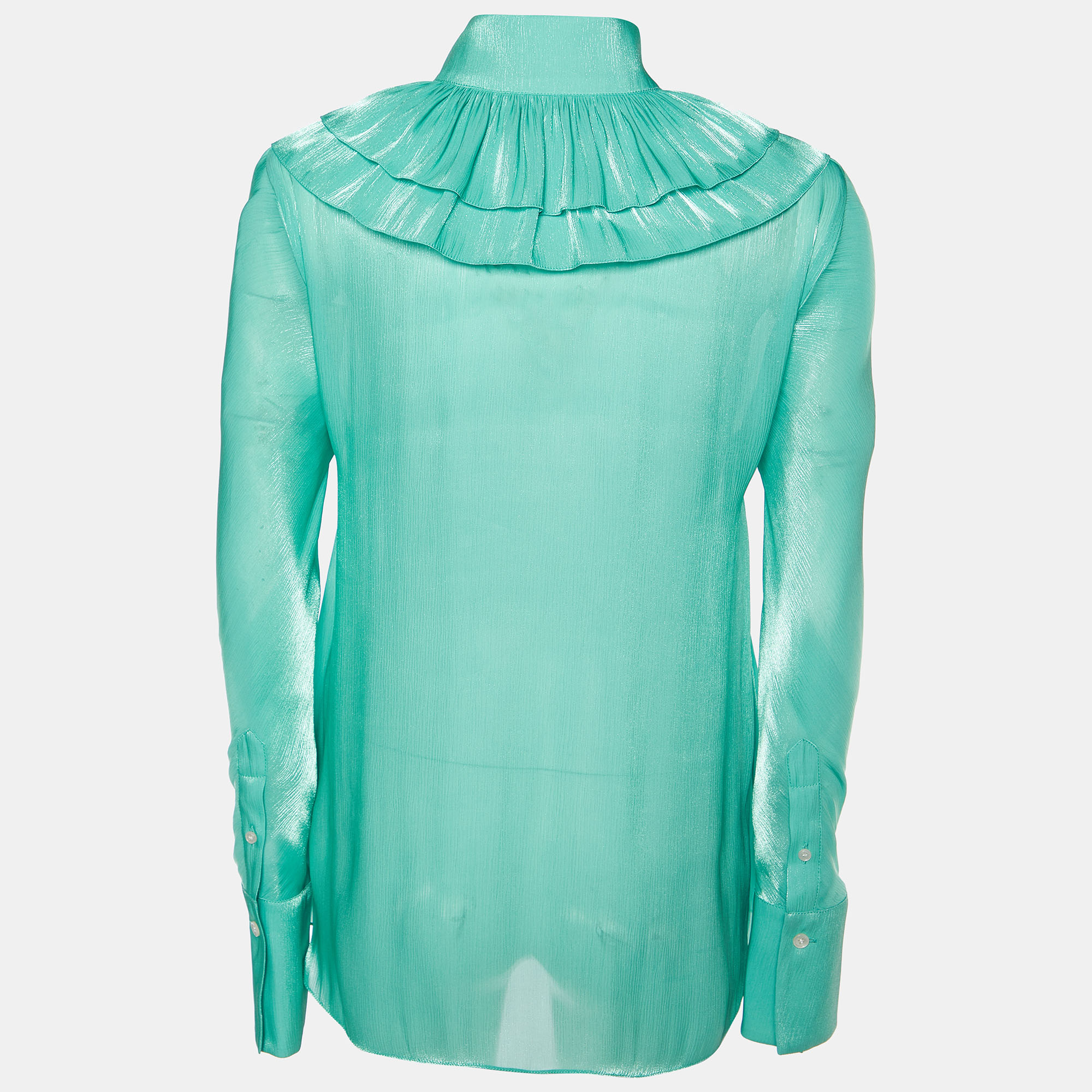 

Victoria Beckham Green Silk Lame Ruffled Top