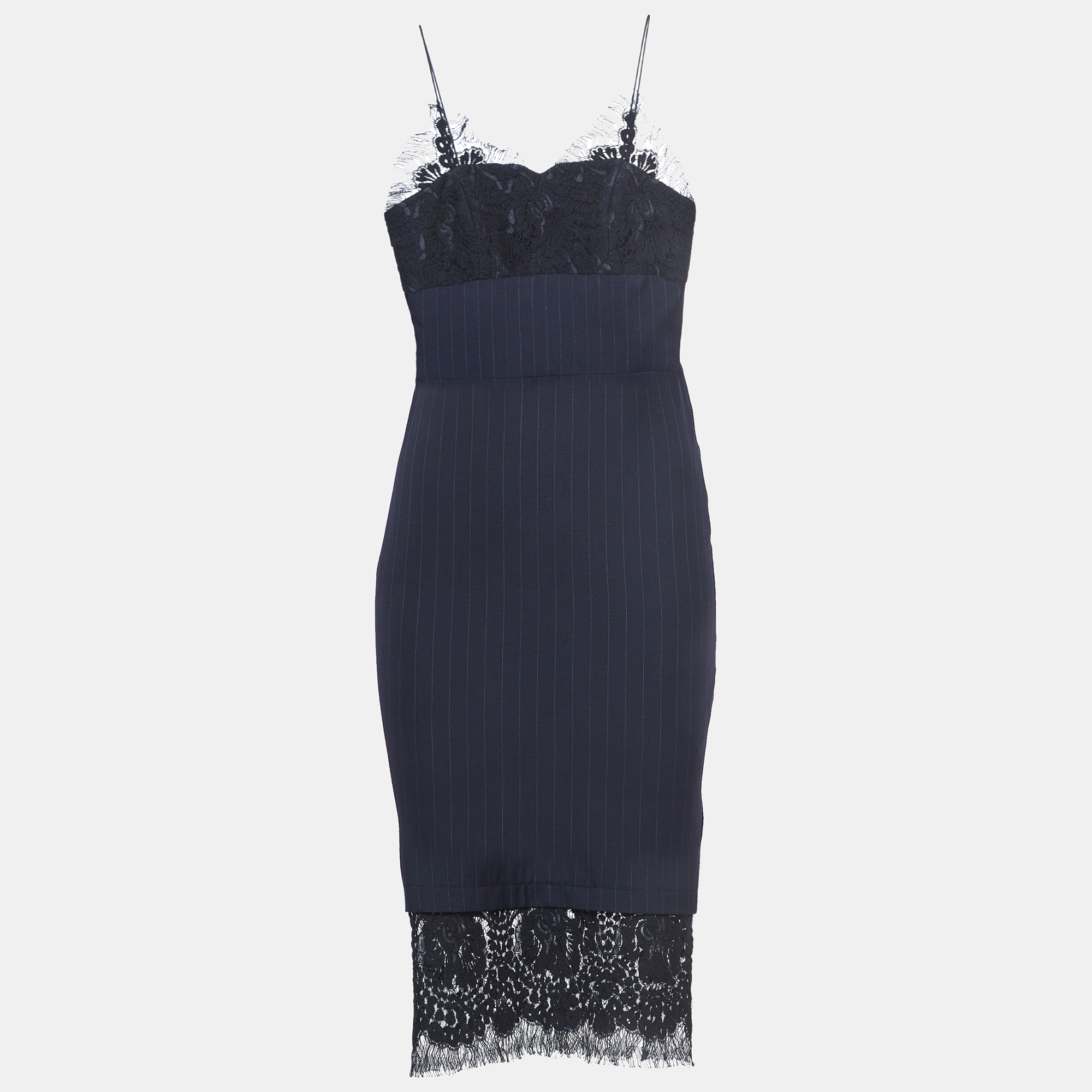 

Victoria Beckham Navy Blue Pinstriped Wool Lace-Trimmed Midi Dress