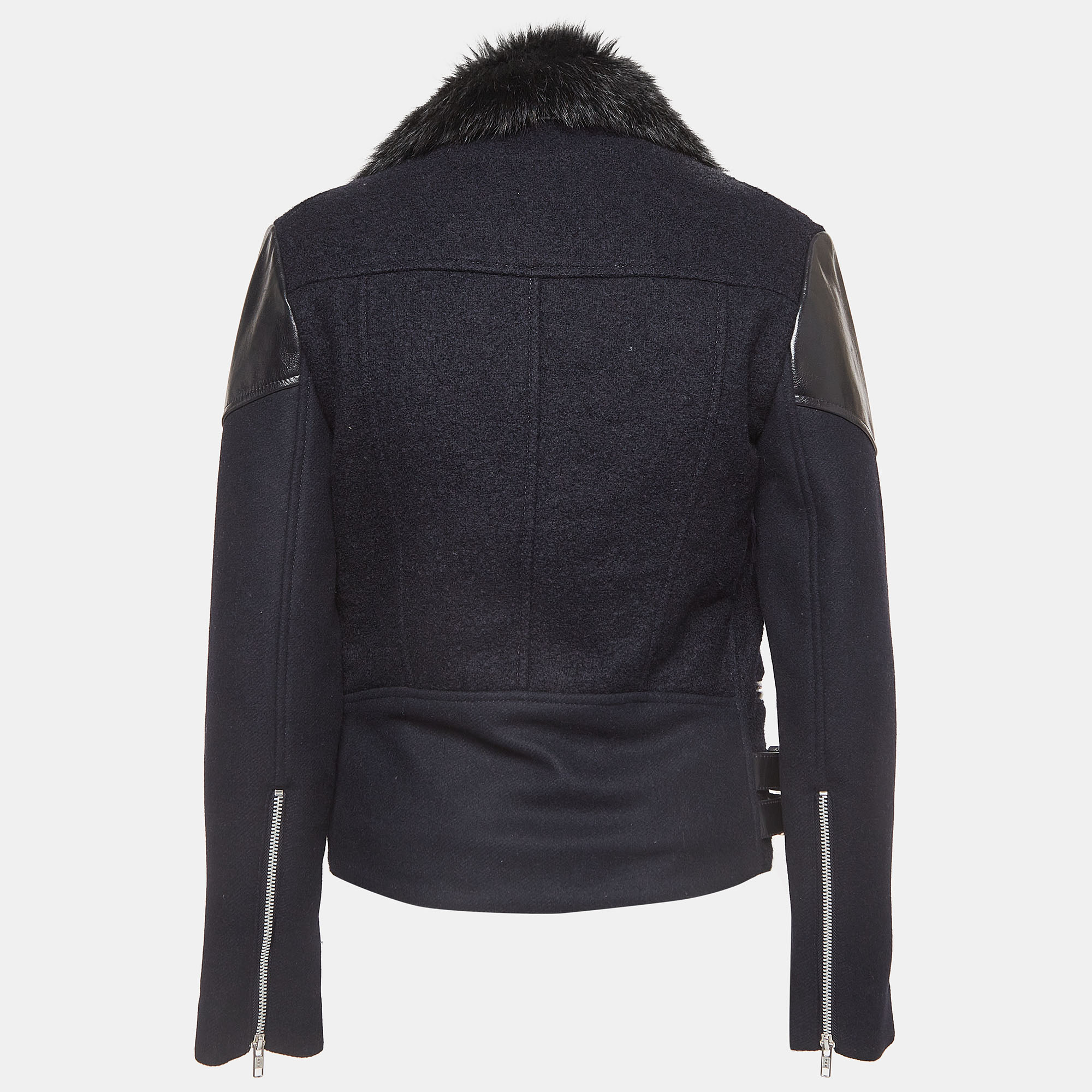 

Victoria Beckham Navy Blue Fur and Leather Trim Wool Biker Jacket