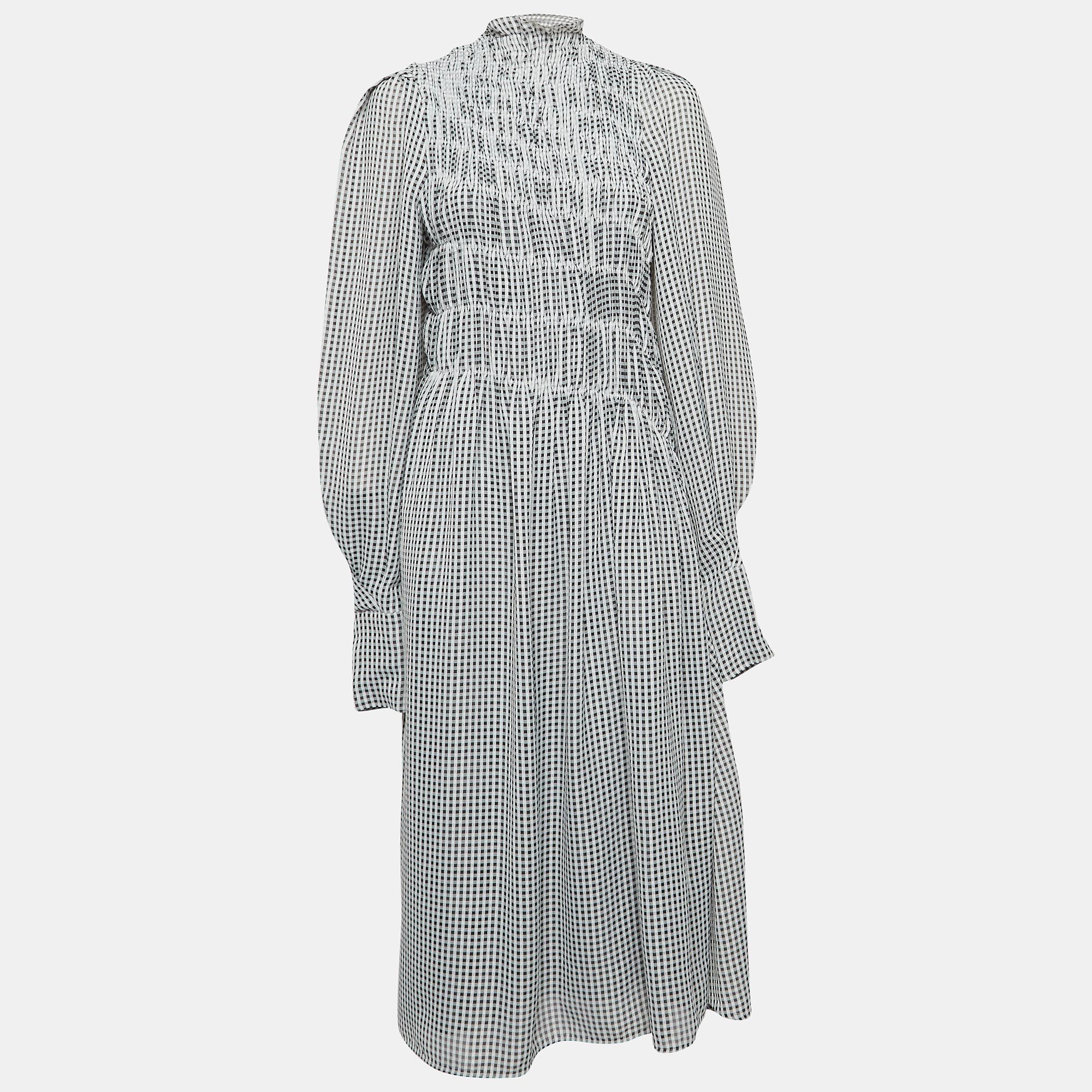 

Victoria Beckham Black/White Gingham Crepe Shirred Seersucker Midi Dress