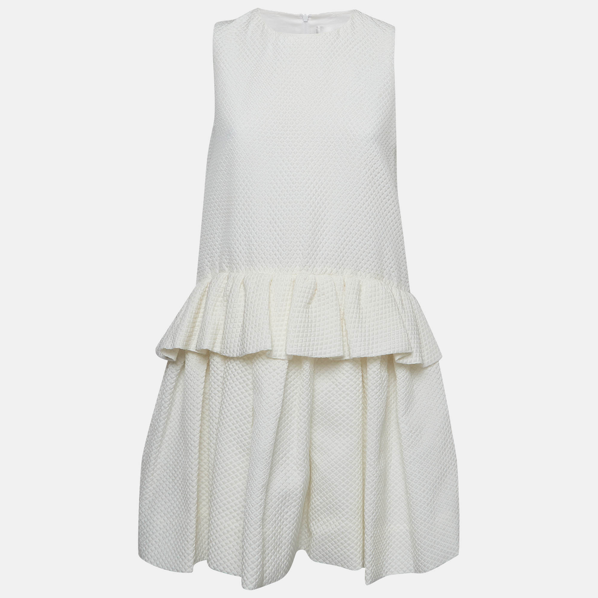 

Victoria Beckham White Textured Cotton Blend Sleeveless Ruffled Mini Dress