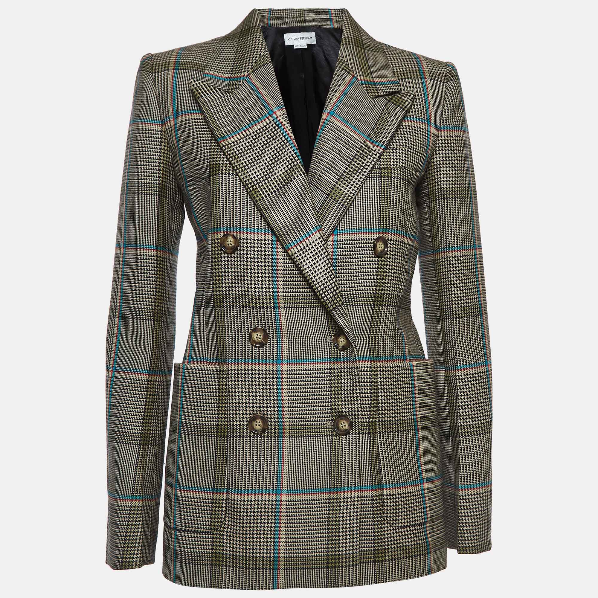 Pre-owned Victoria Beckham Beige Checked Wool Double-breasted Blazer S