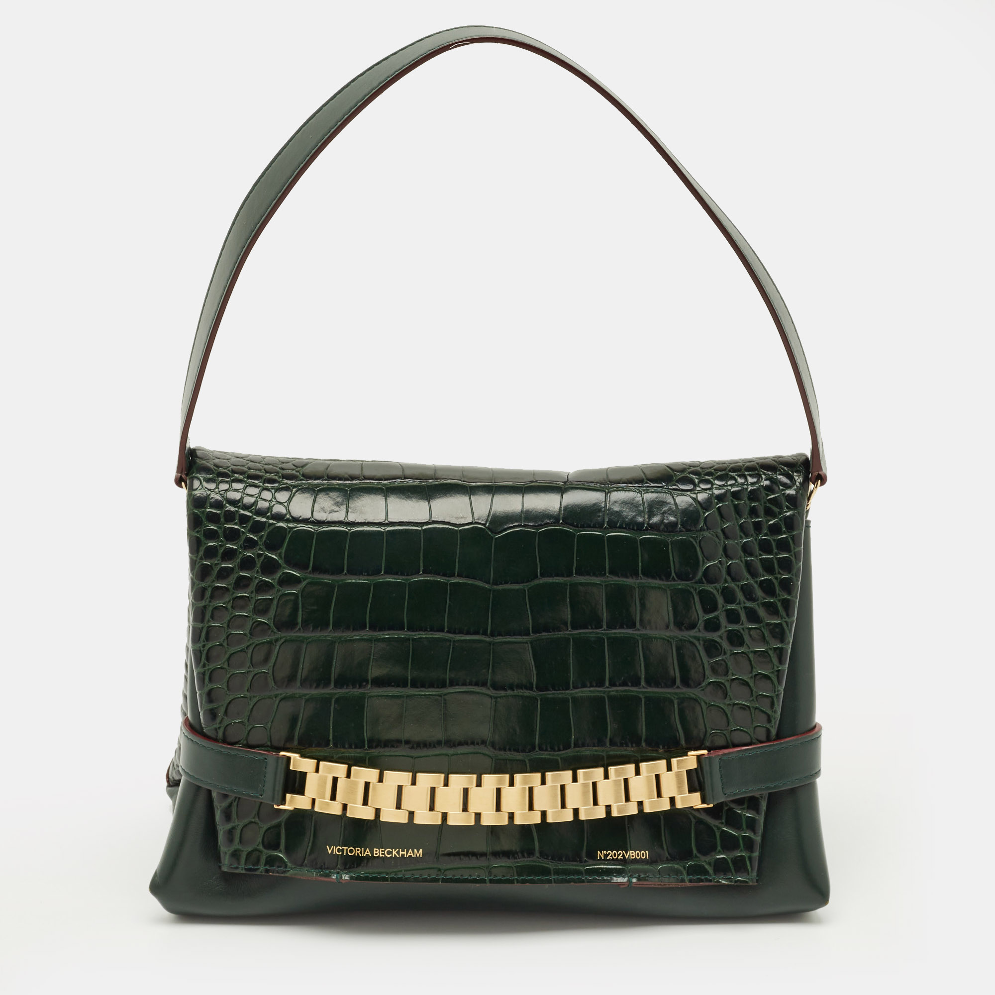 

Victoria Beckham Dark Green Croc Embossed Leather Puffy Chain Flap Bag