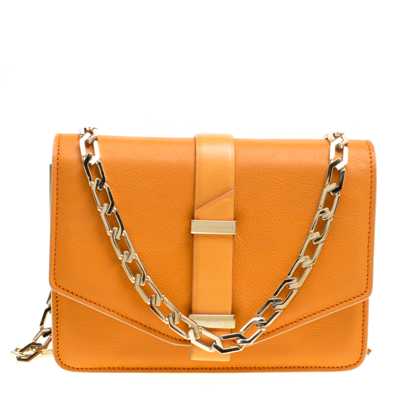 Pre Owned Victoria Beckham Orange Leather Mini Chain Shoulder Bag