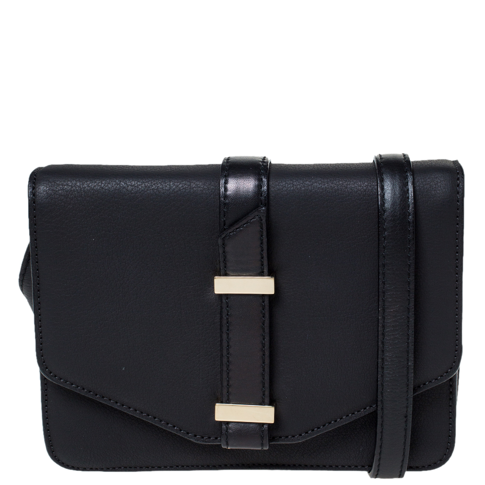 Victoria Beckham Black Leather Buckle Flap Crossbody Bag