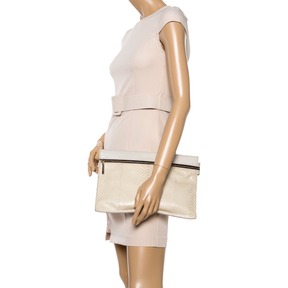 

Victoria Beckham Ivory Leather and Python Zipper Clutch, White