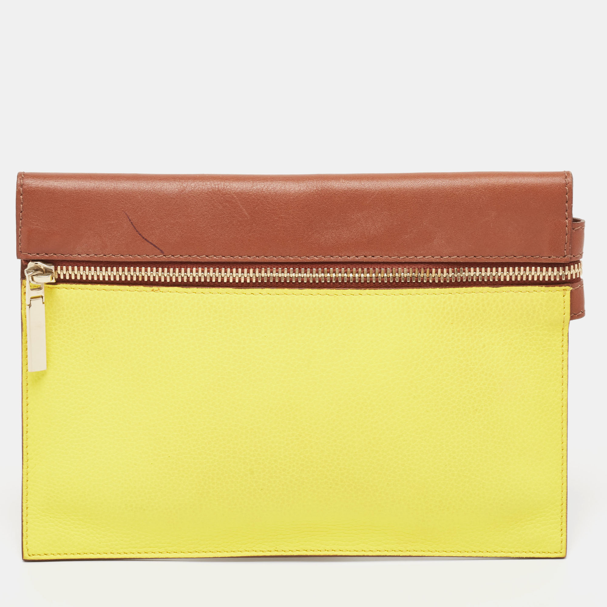 Pre-owned Victoria Beckham Tan/acid Yellow Leather Small Zip Pouch