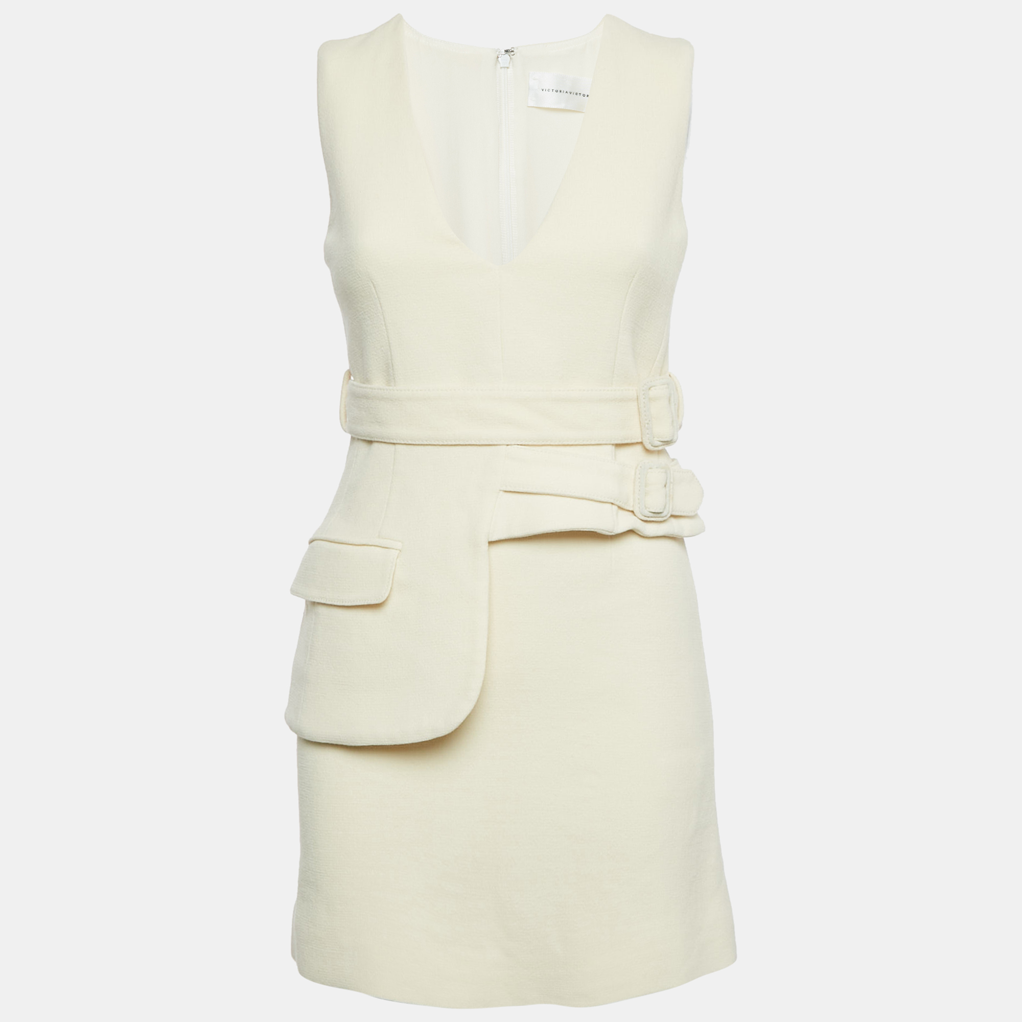 

Victoria Victoria Beckham Cream Wool Sleeveless Belted Mini Dress S