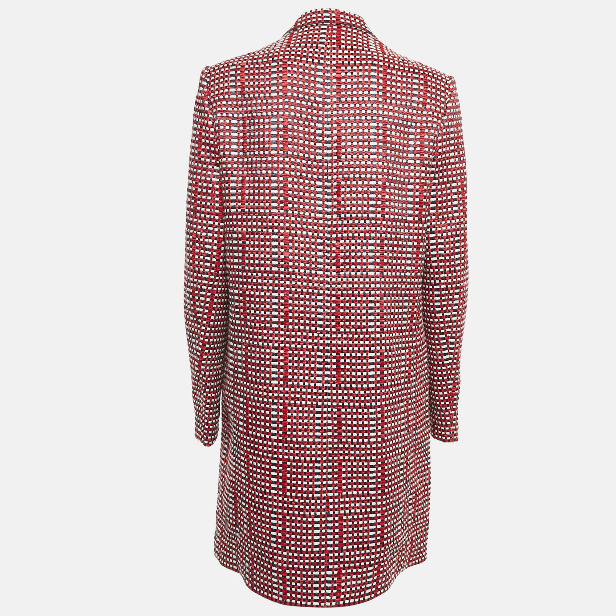 Victoria Beckham Red/Multicolor Basket Weave Linen Blend Coat M 