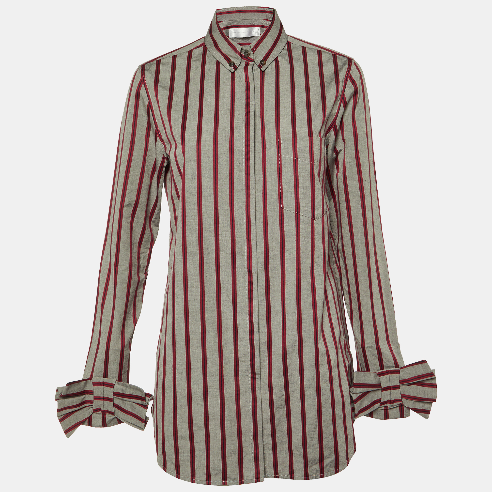 

Victoria Victoria Beckham Grey Striped Cotton Bow Sleeve Shirt M