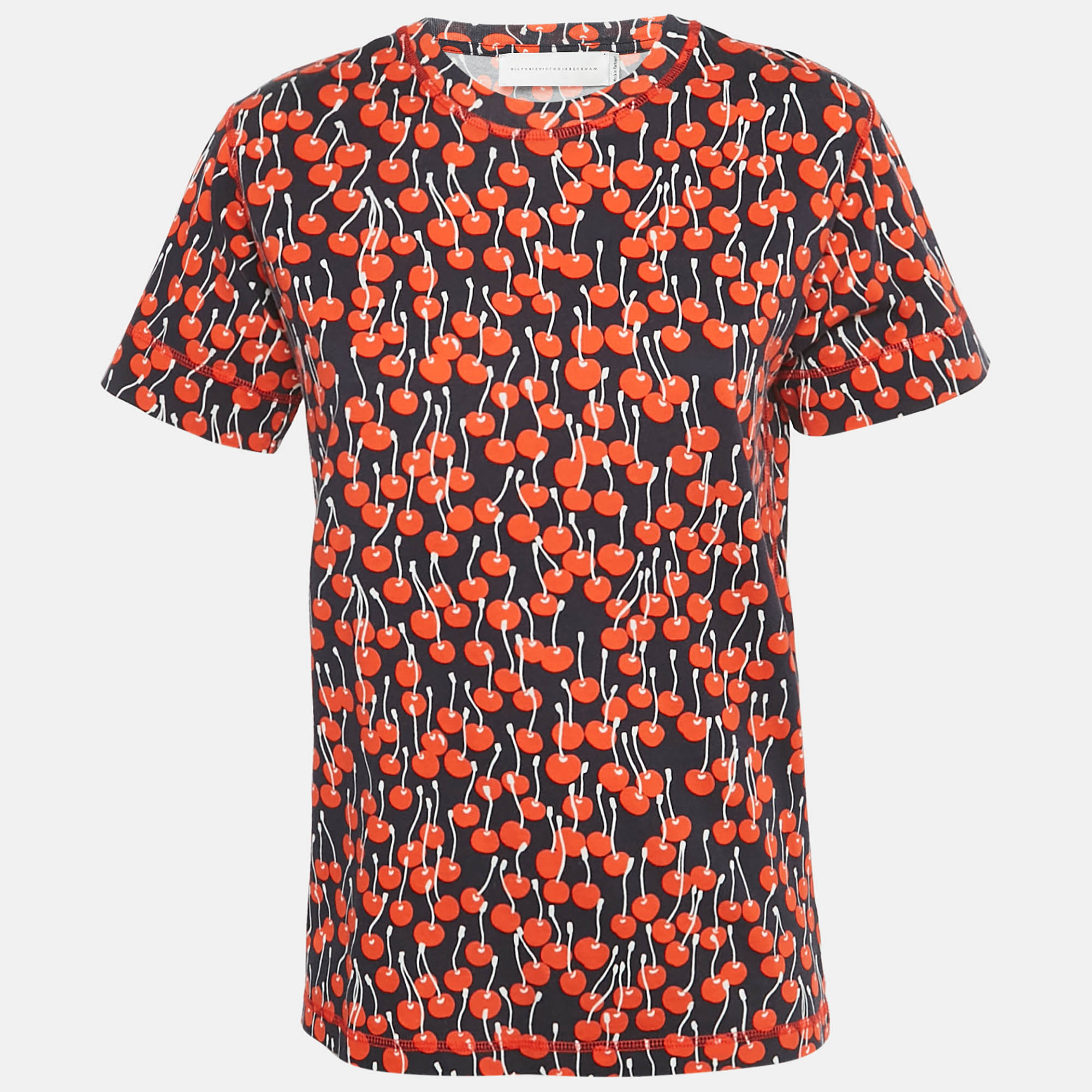 

Victoria Victoria Beckham Midnight Blue Cherry Print Cotton T-Shirt M