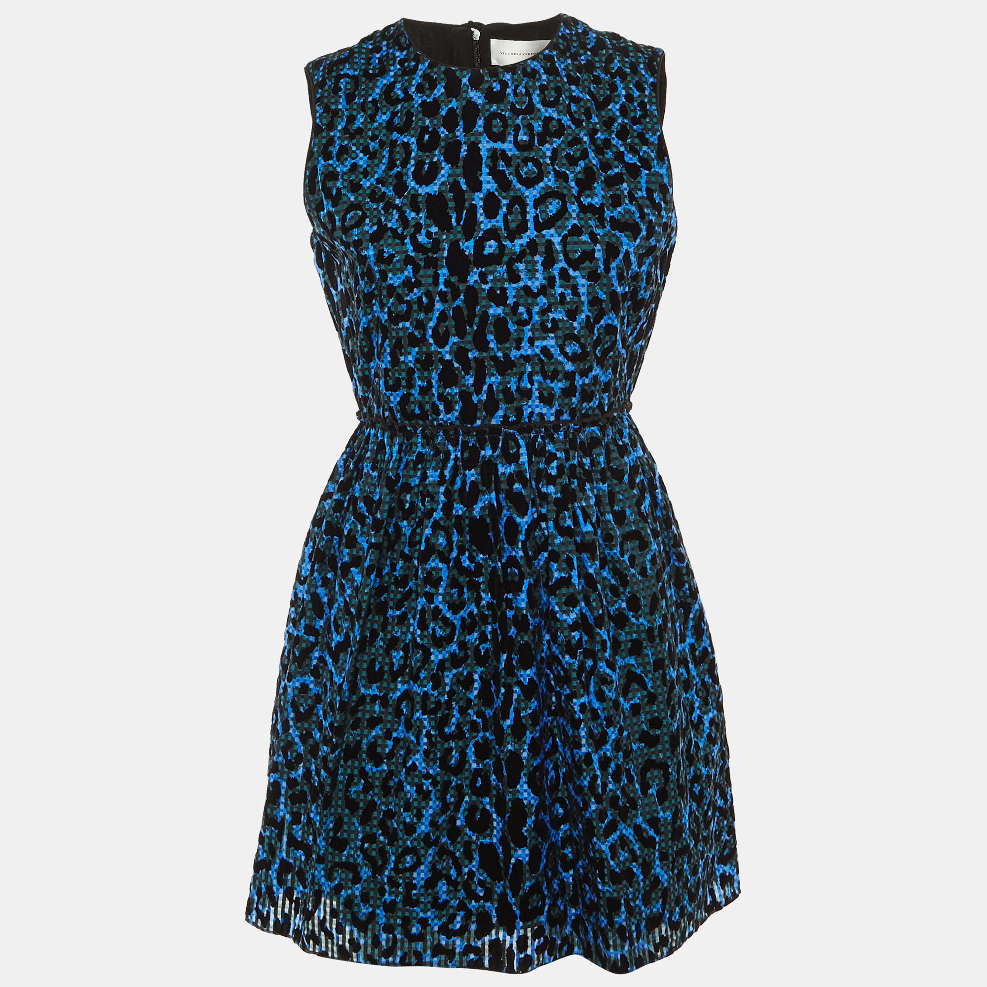 Pre-owned Victoria Beckham Blue/black Leopard Pattern Devore Sleeveless Dress M