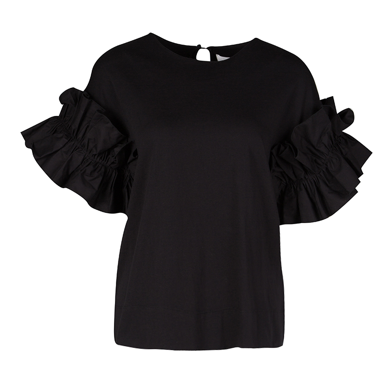 Pre Owned Victoria Victoria Beckham Black Cotton Ruffled Sleeve Top XS