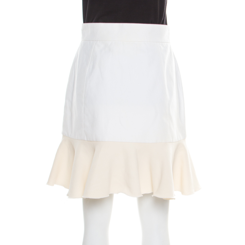 Pre-owned Victoria Victoria Beckham Cream Canvas Ruffled Hem Mini Skirt M
