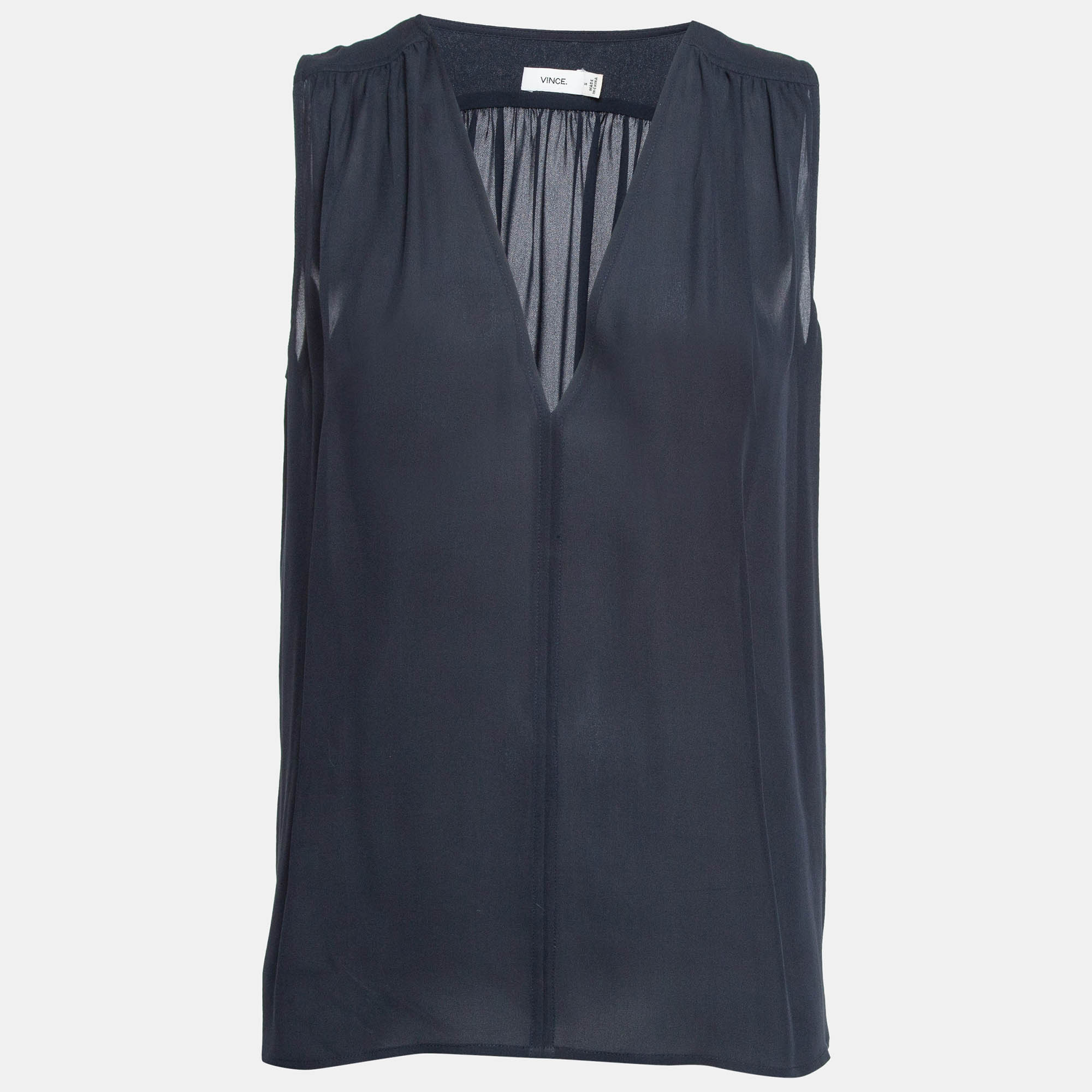 

Vince Navy Blue Silk Shirred Shoulder Tank S