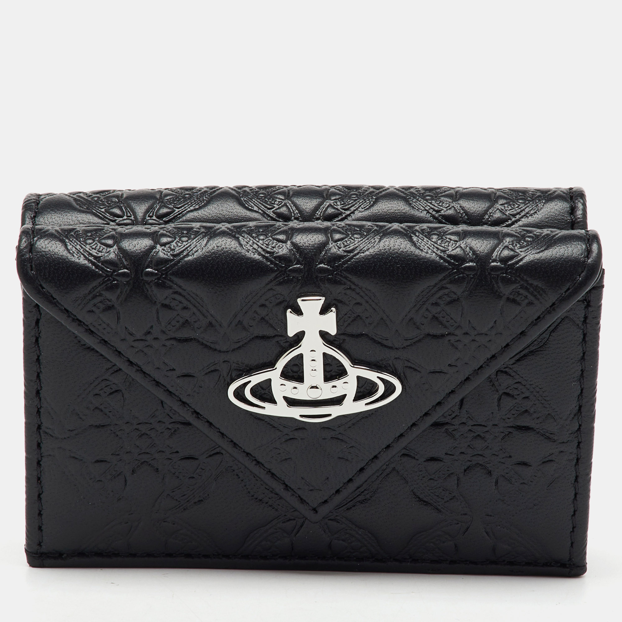 

Vivienne Westwood Black Monogram Embossed Leather Envelope Billfold Small Frame Wallet