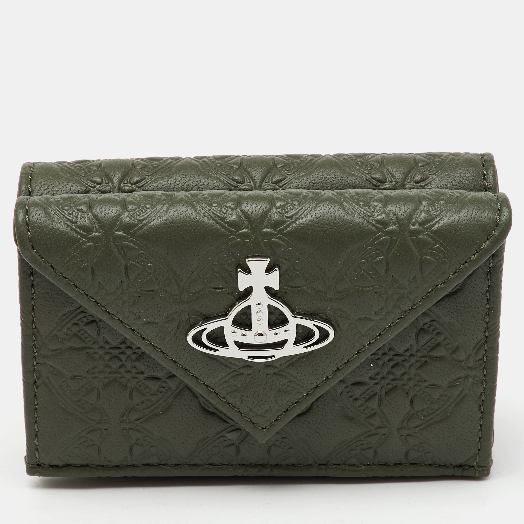 

Vivienne Westwood Olive Green Monogram Embossed Leather Envelope Billfold Small Frame Wallet