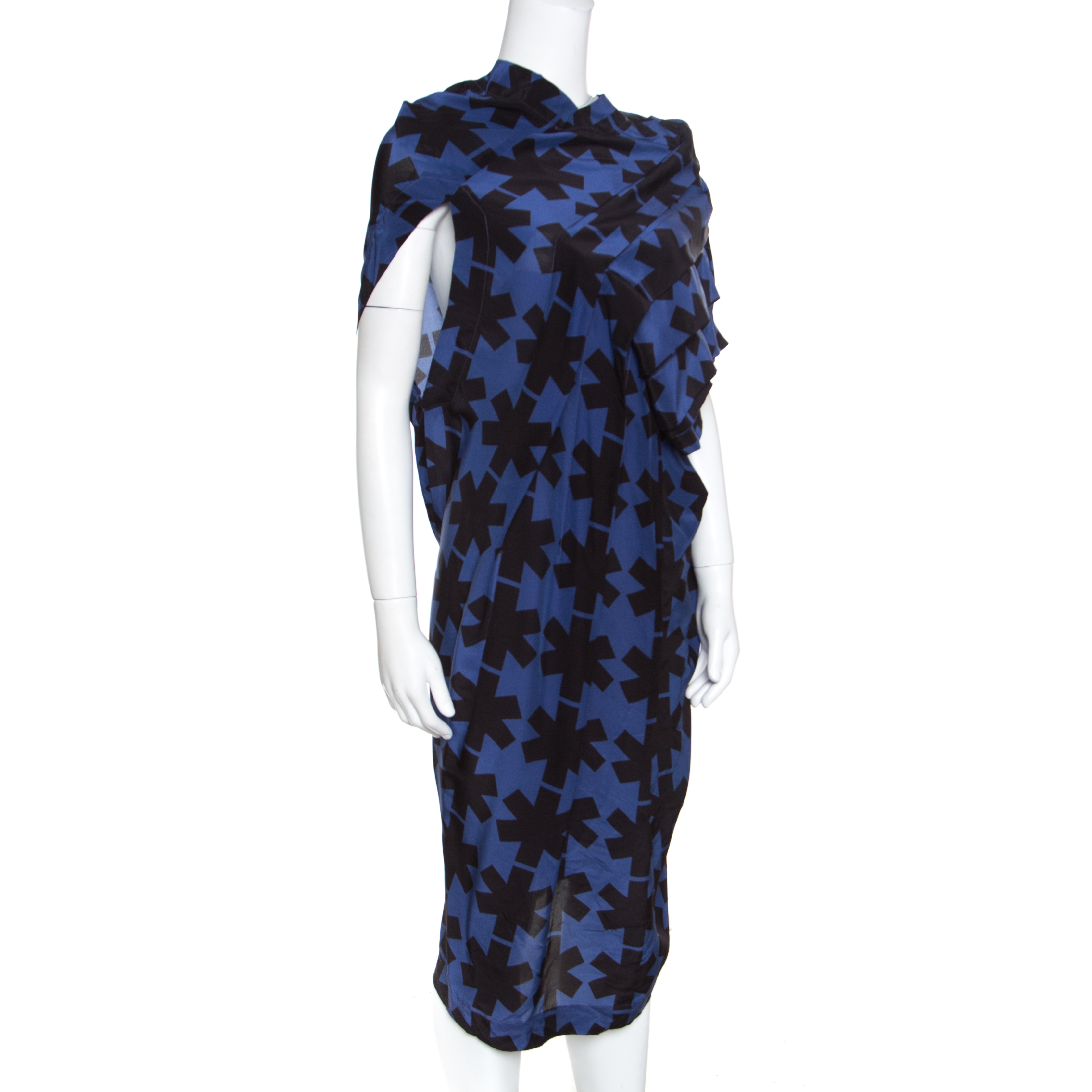 

Vivienne Westwood Anglomania Blue and Black Printed Draped Asymmetric Dress