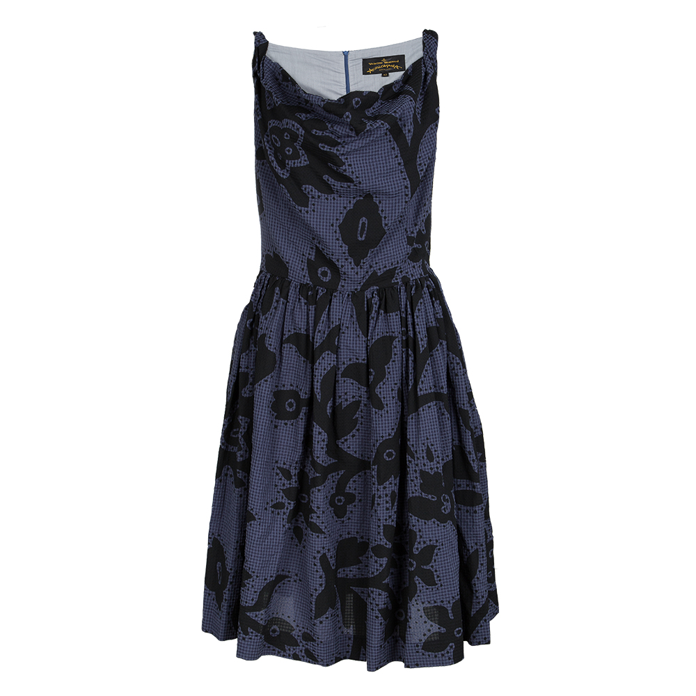 Vivienne Westwood Anglomania Navy Blue Checkered Floral Printed Sleeveless Dress M
