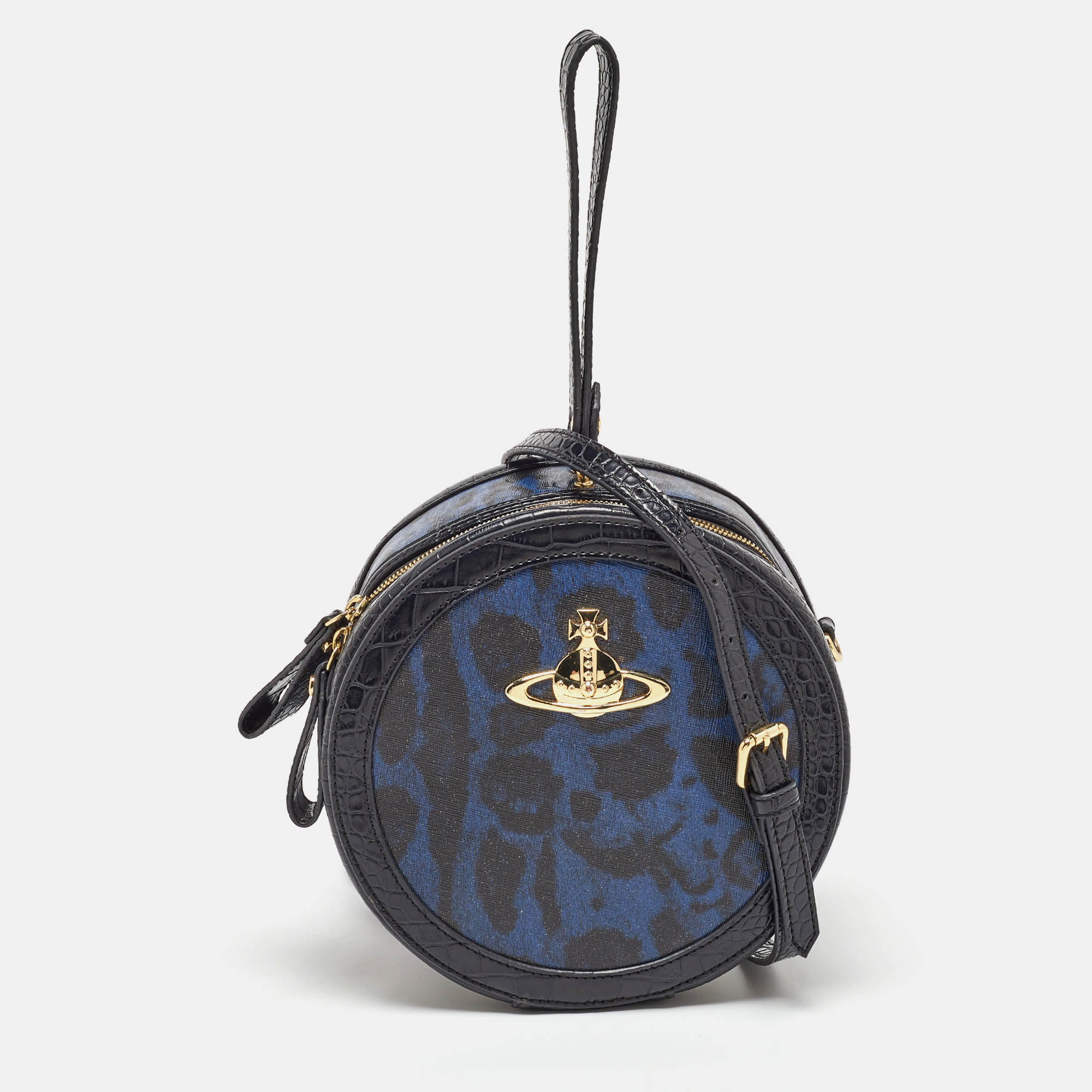 

Vivienne Westwood Black/Blue Croc Embossed Leather Round Crossbody Bag