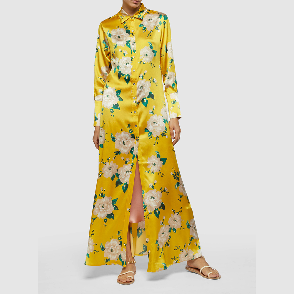 

We Are Leone Yellow Floral Print Silk Maxi Shirtdress Size