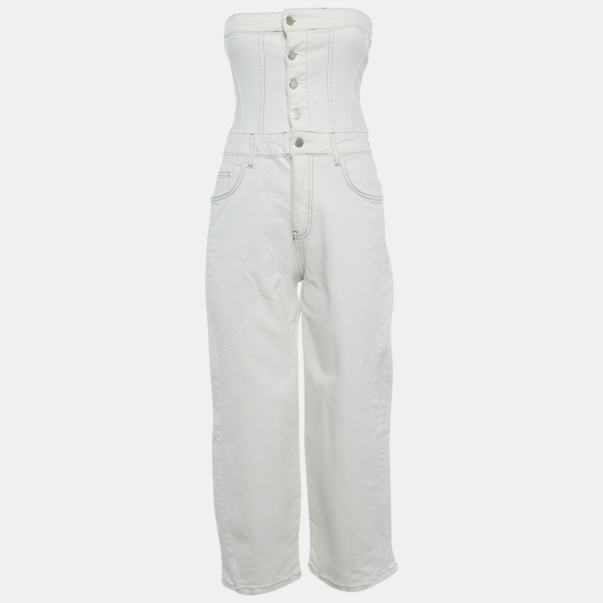 

Wear That White Denim Strapless Jumpsuit M