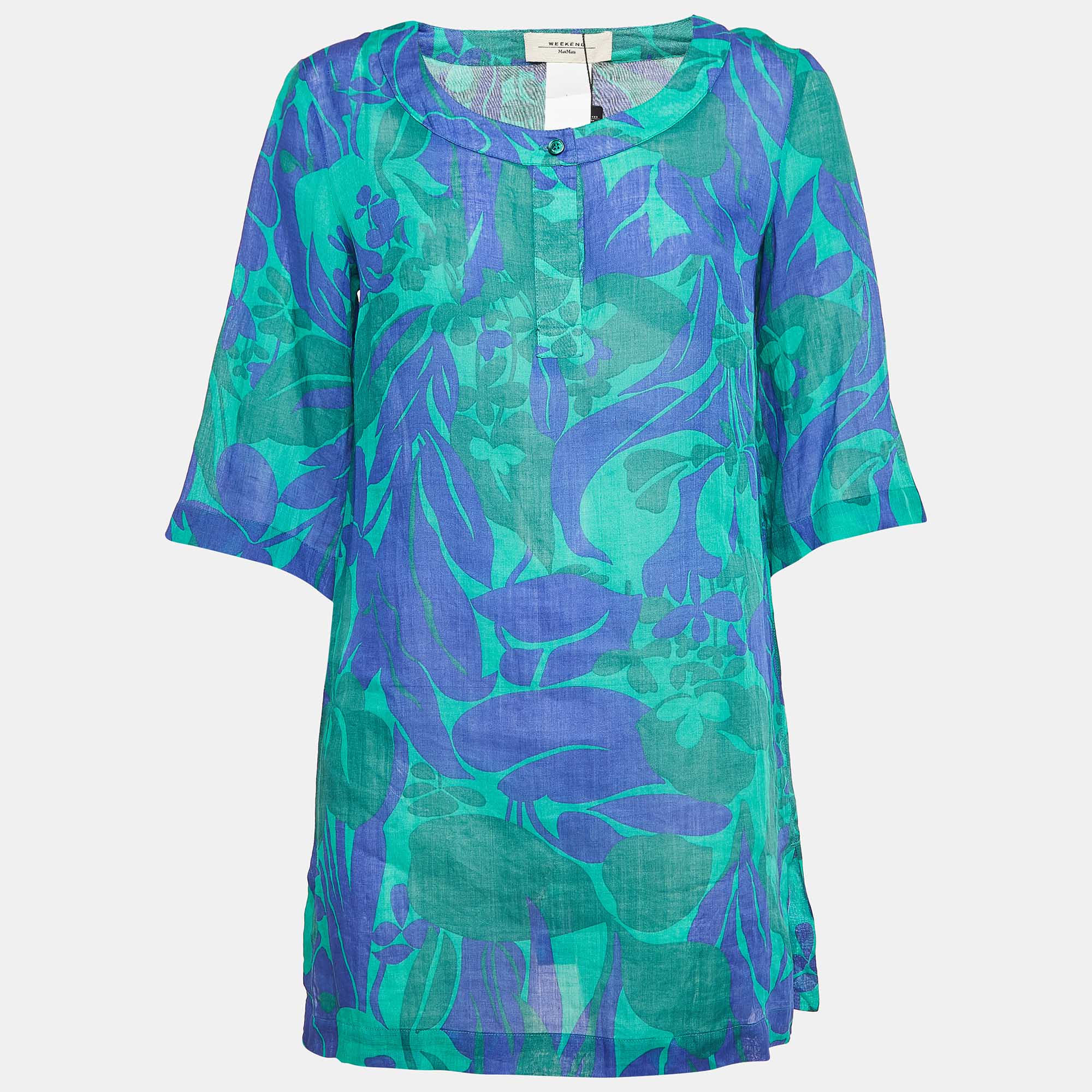 

Weekend Max Mara Green/Blue Floral Print Ramie Buttoned Tunic S