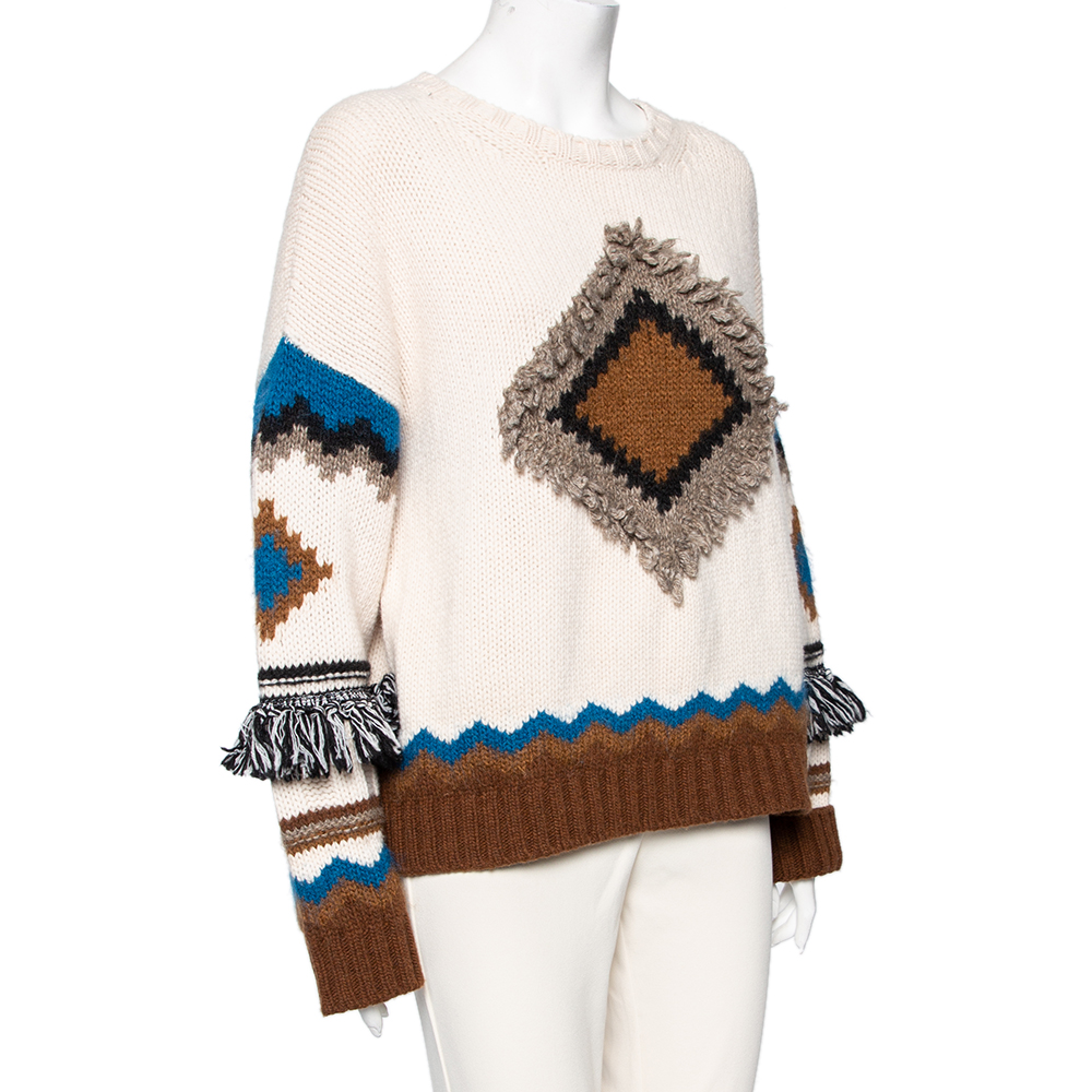 

Weekend Max Mara Cream Intarsia Knit Fringe Trimmed Baita Sweater