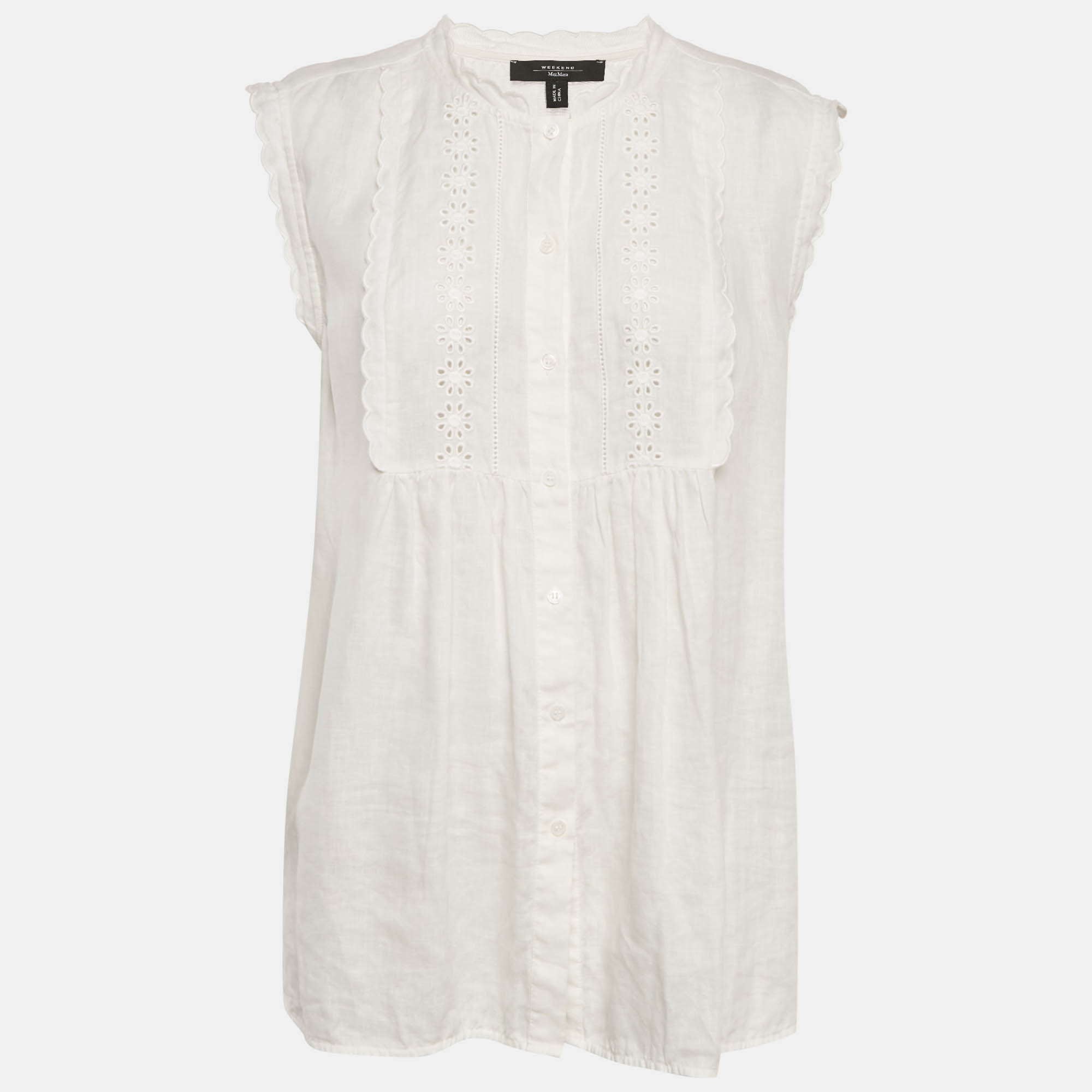

Weekend Max Mara White Embroidered Linen and Cotton Top XL