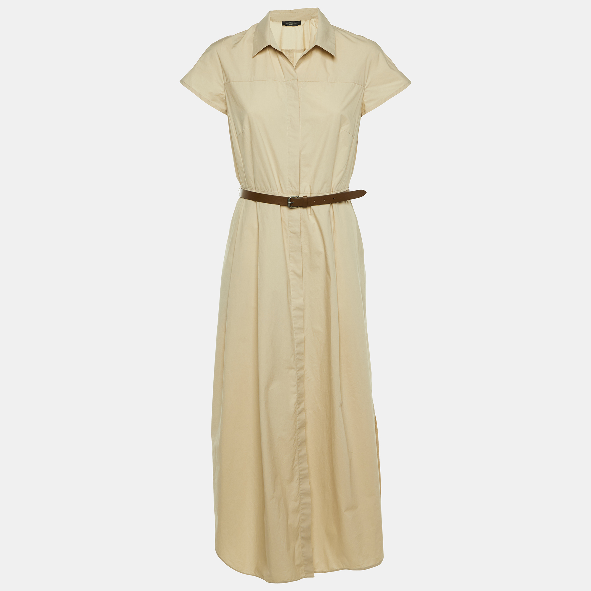 Pre-owned Weekend Max Mara Beige Cotton Belted Button Front Dress L In Sand