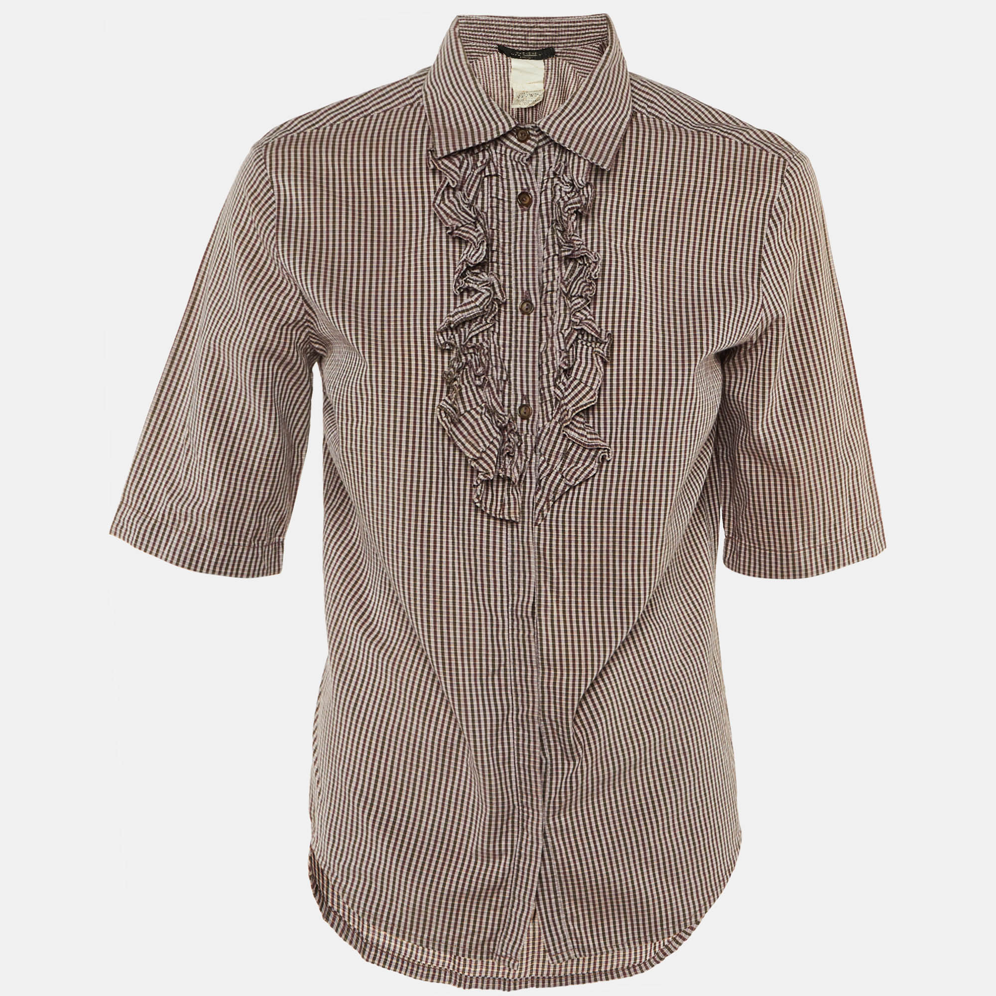 Pre-owned Weekend Max Mara Burgundy Checkered Cotton Frill Detail Shirt M