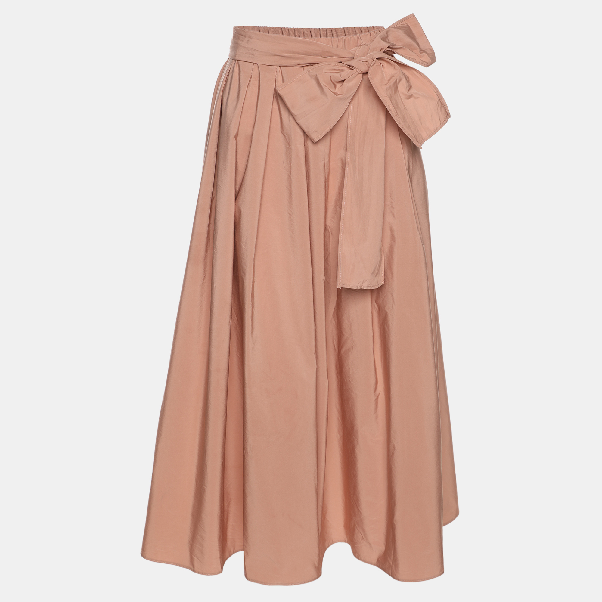 Pre-owned Weekend Max Mara Nude Pink Satin Belted Midi Skirt M