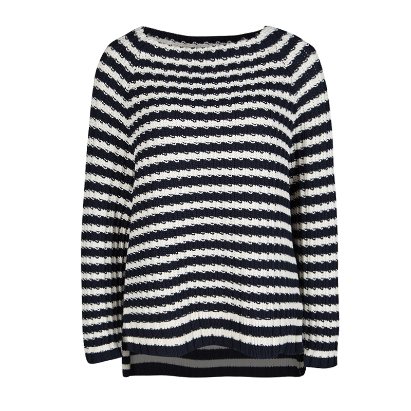 Weekend Max Mara Navy Blue and White Striped Chunky Knit Sweater M