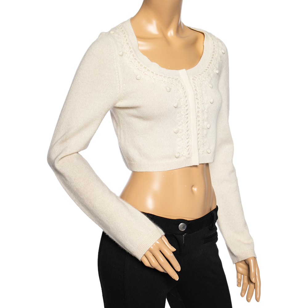 

Weekend Max Mara Cream Cashmere Long Sleeve Cropped Cardigan