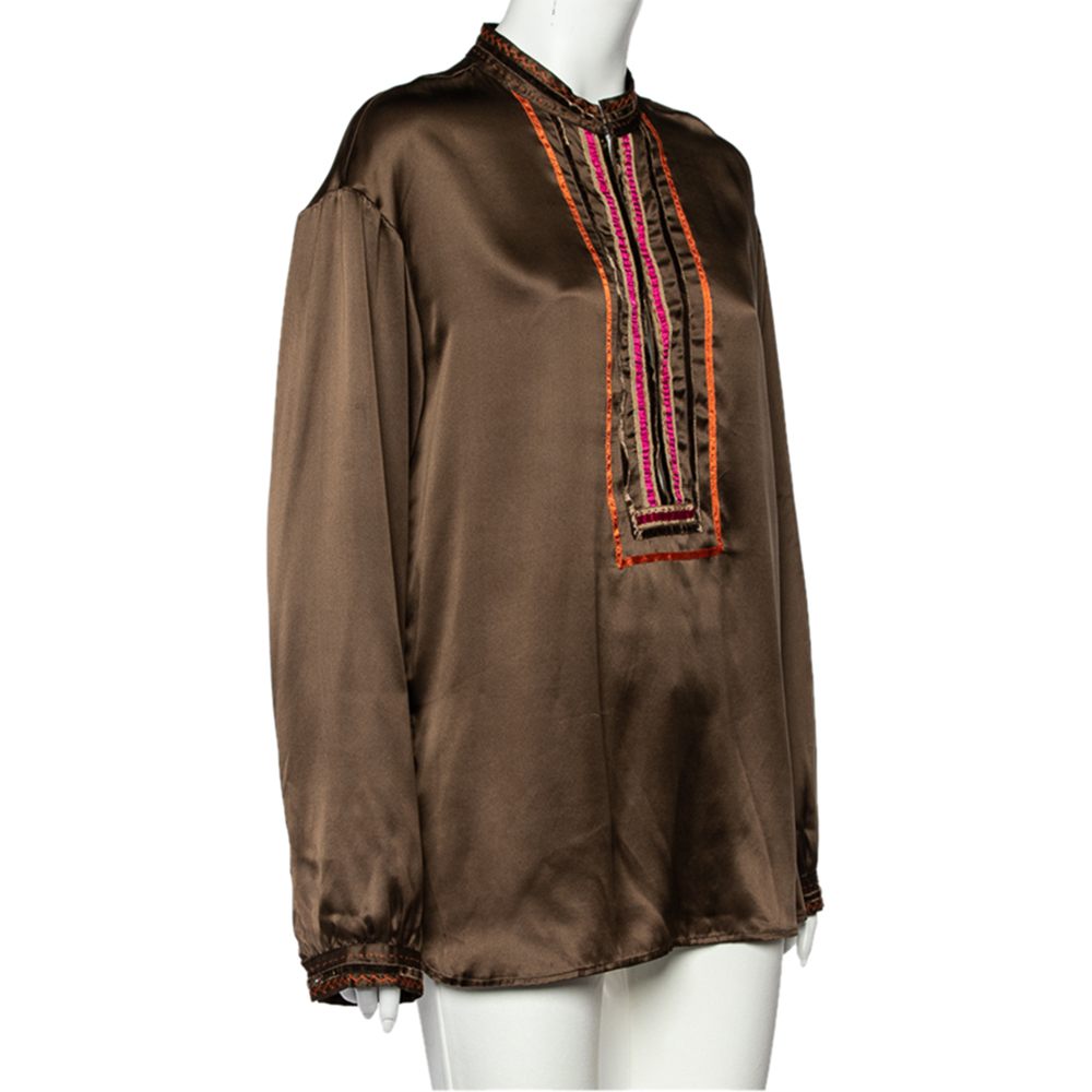 

Weekend Max Mara Brown Silk Satin Velvet Trim Detail Blouse