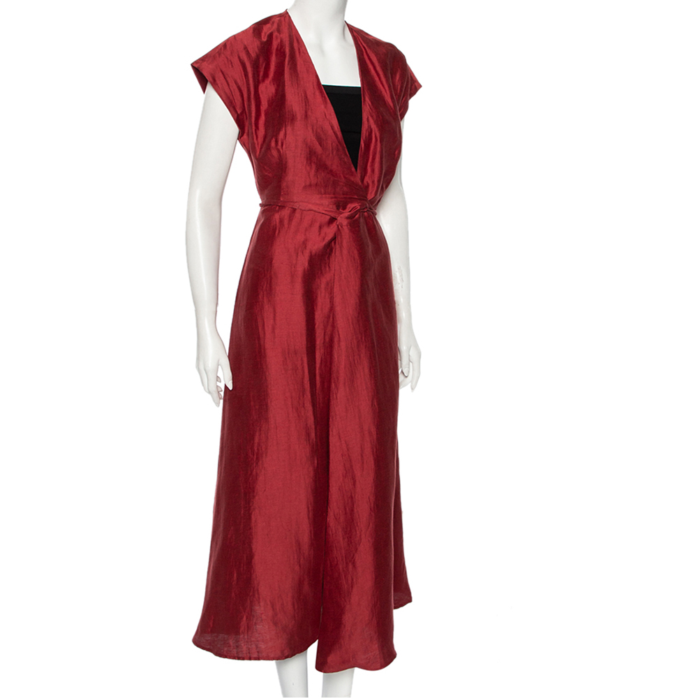 

Weekend Max Mara Red Linen Shantung Midi Wrap Dress