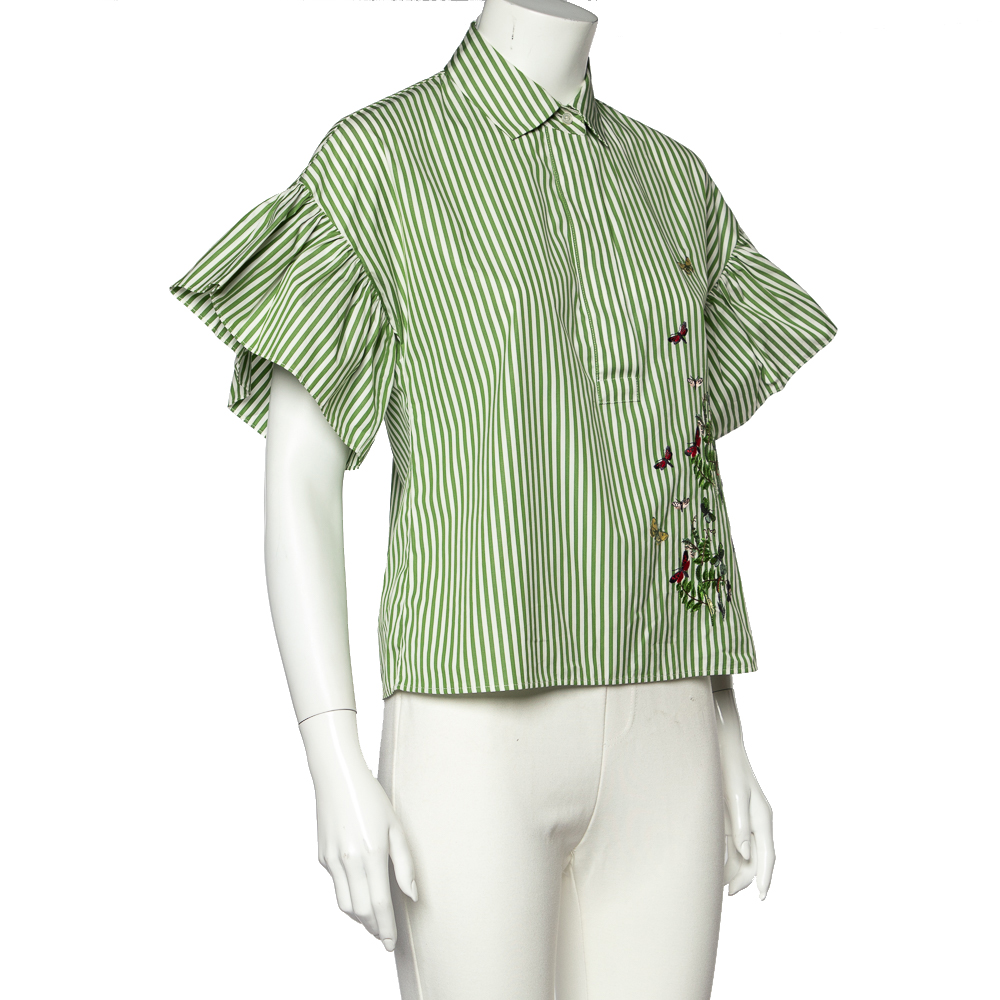 

Weekend Max Mara Green Striped Cotton Butterfly Embroidered Top