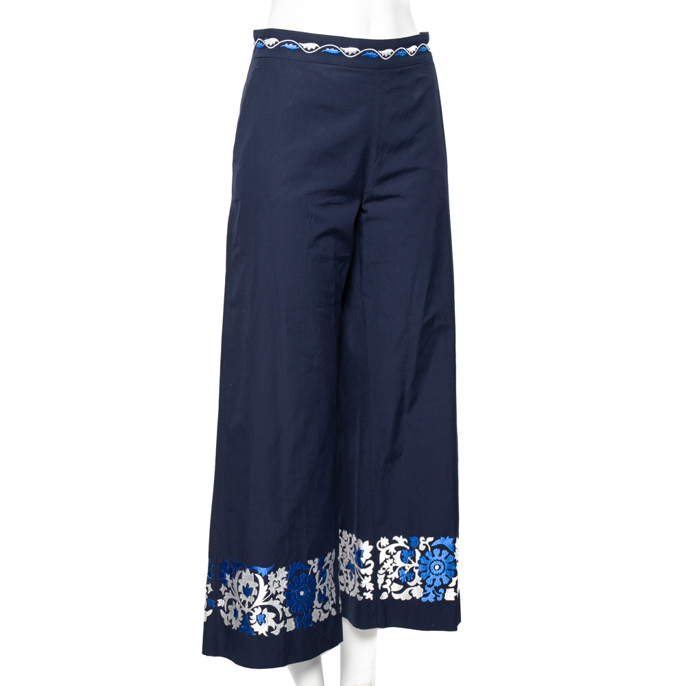 

Weekend Max Mara Blue Floral Embroidered Cotton Wide Leg Pants L