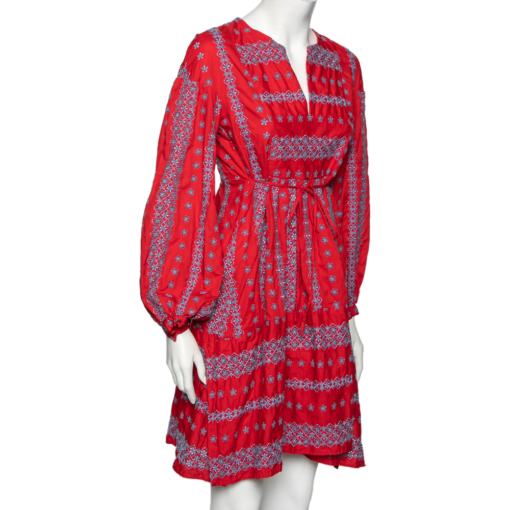 

Weekend Max Mara Red Cotton Floral Embroidered Side Slits Detailed Dress