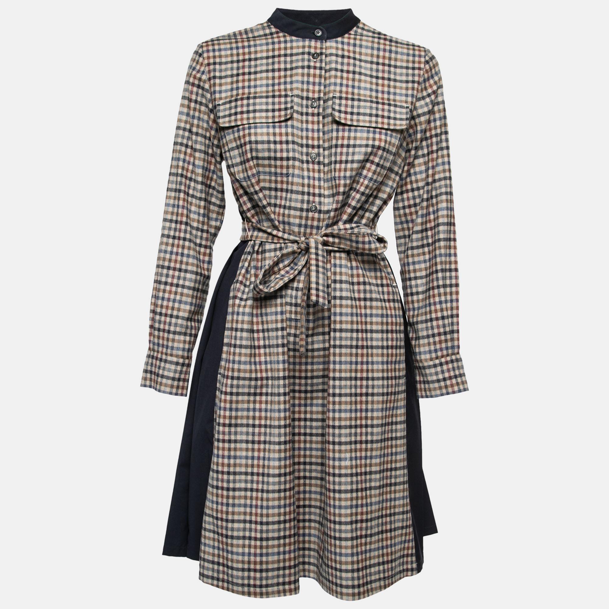 Pre Owned Weekend Max Mara Navy Blue & Checked Paneled Wool Belted Dress M