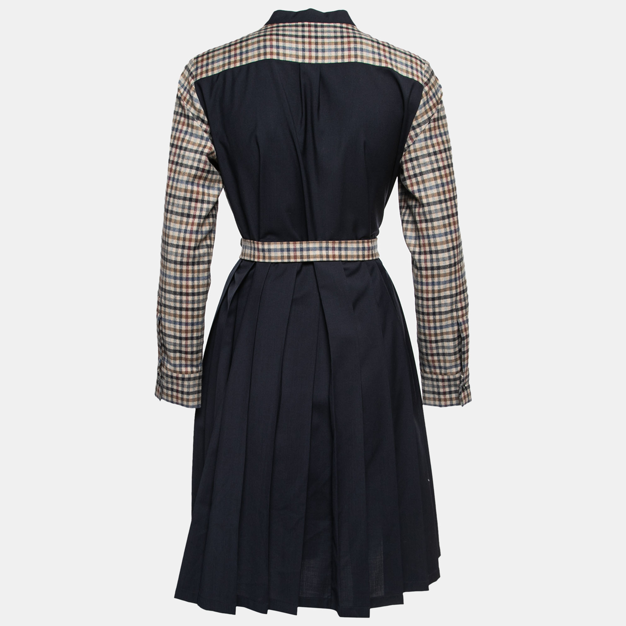 

Weekend Max Mara Navy Blue & Checked Paneled Wool Belted Dress