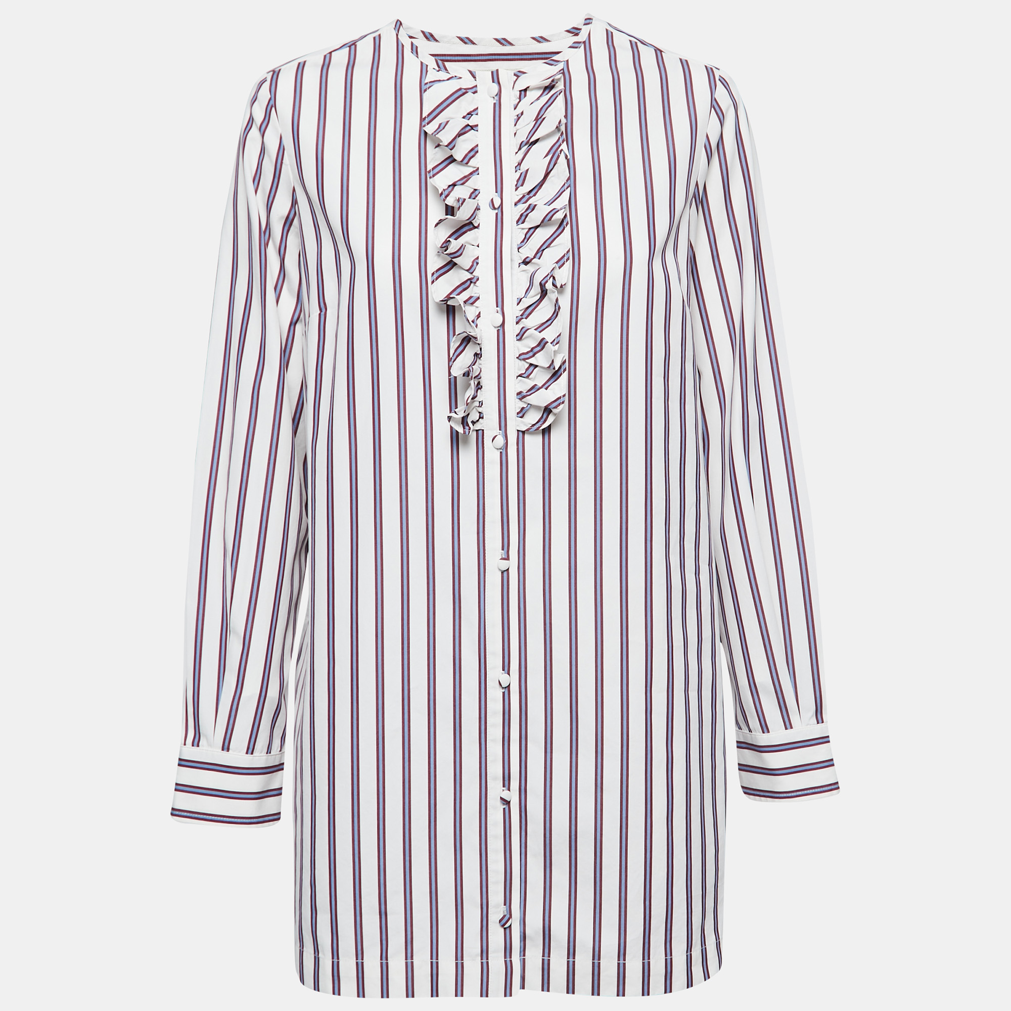 Pre-owned Weekend Max Mara White Striped Cotton Ruffled Blouse M