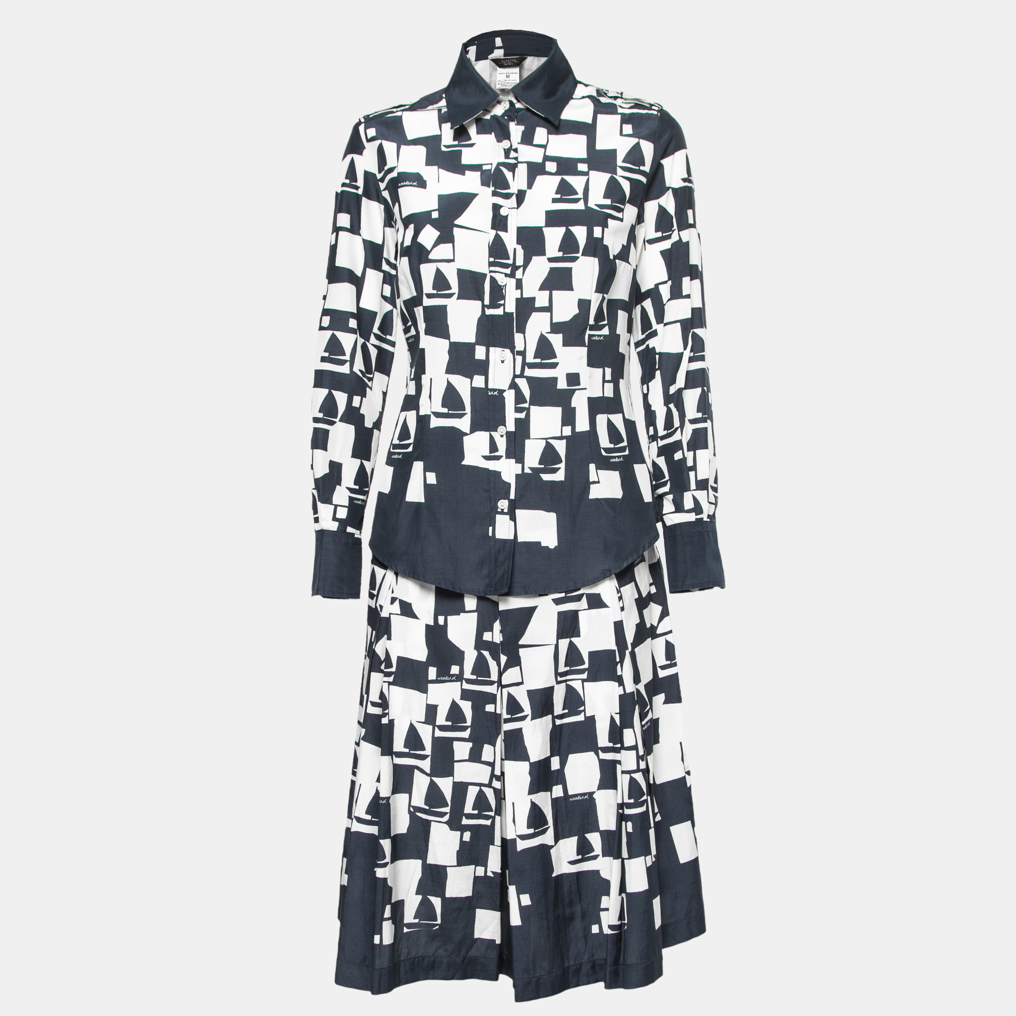 Pre Owned Weekend Max Mara Blue Printed Silk Blend Shirt & Skirt Set M