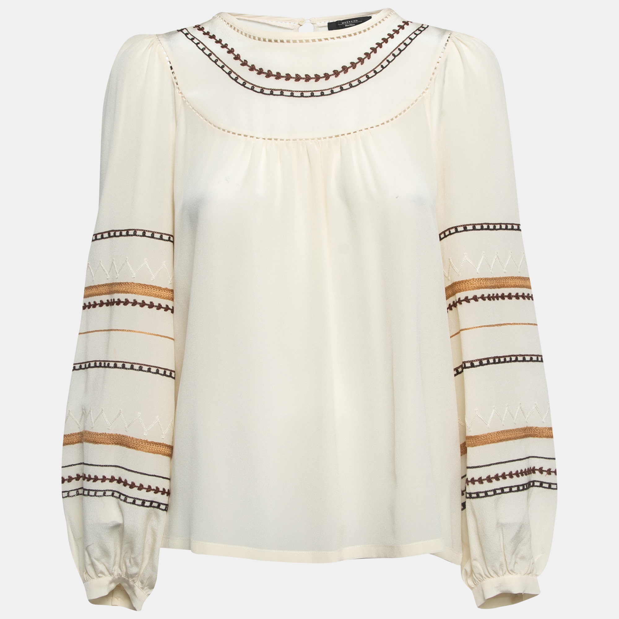 Pre-owned Weekend Max Mara Cream Silk Embroidered Long Sleeve Blouse M