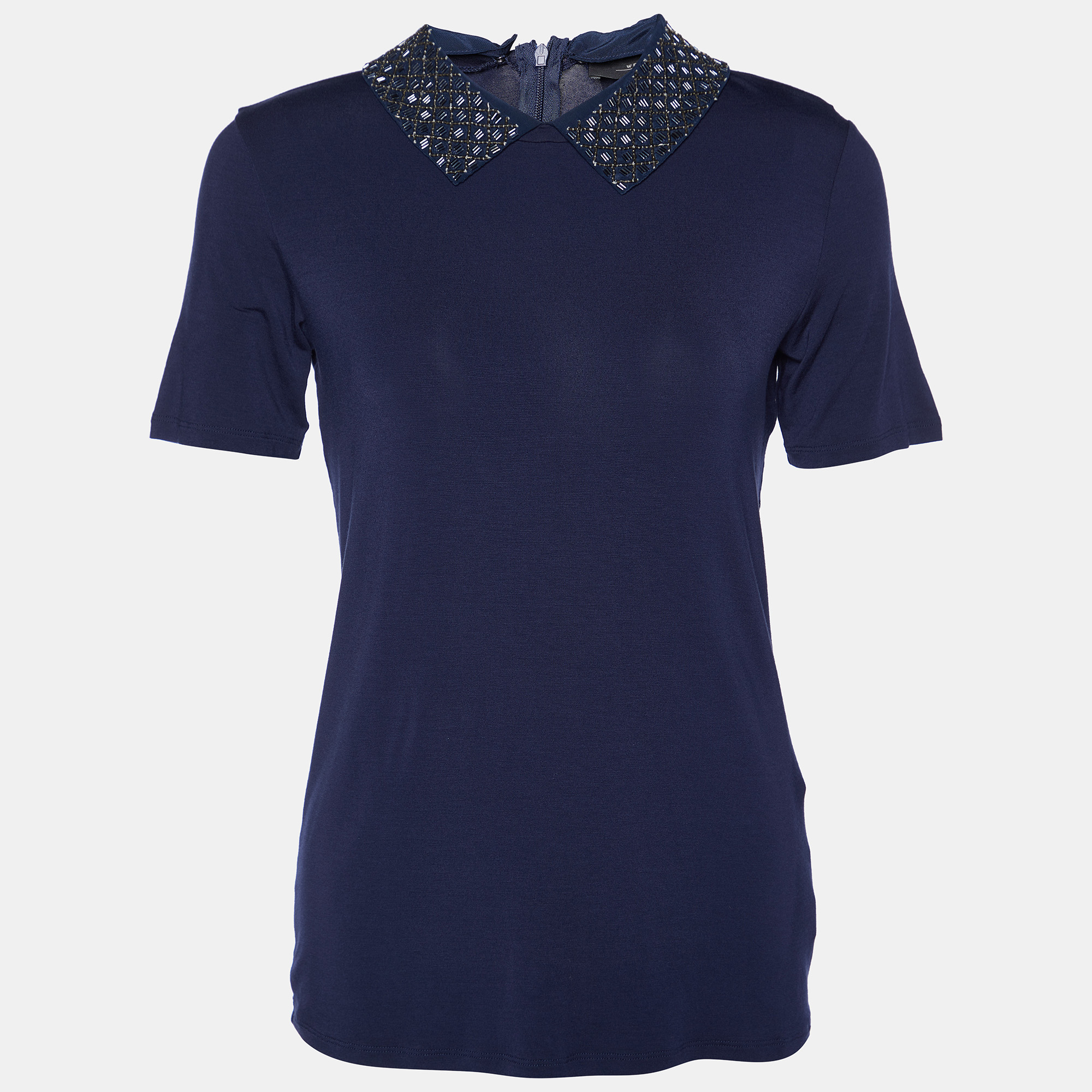 Pre-owned Weekend Max Mara Navy Blue Knit Embellished Neck T-shirt S