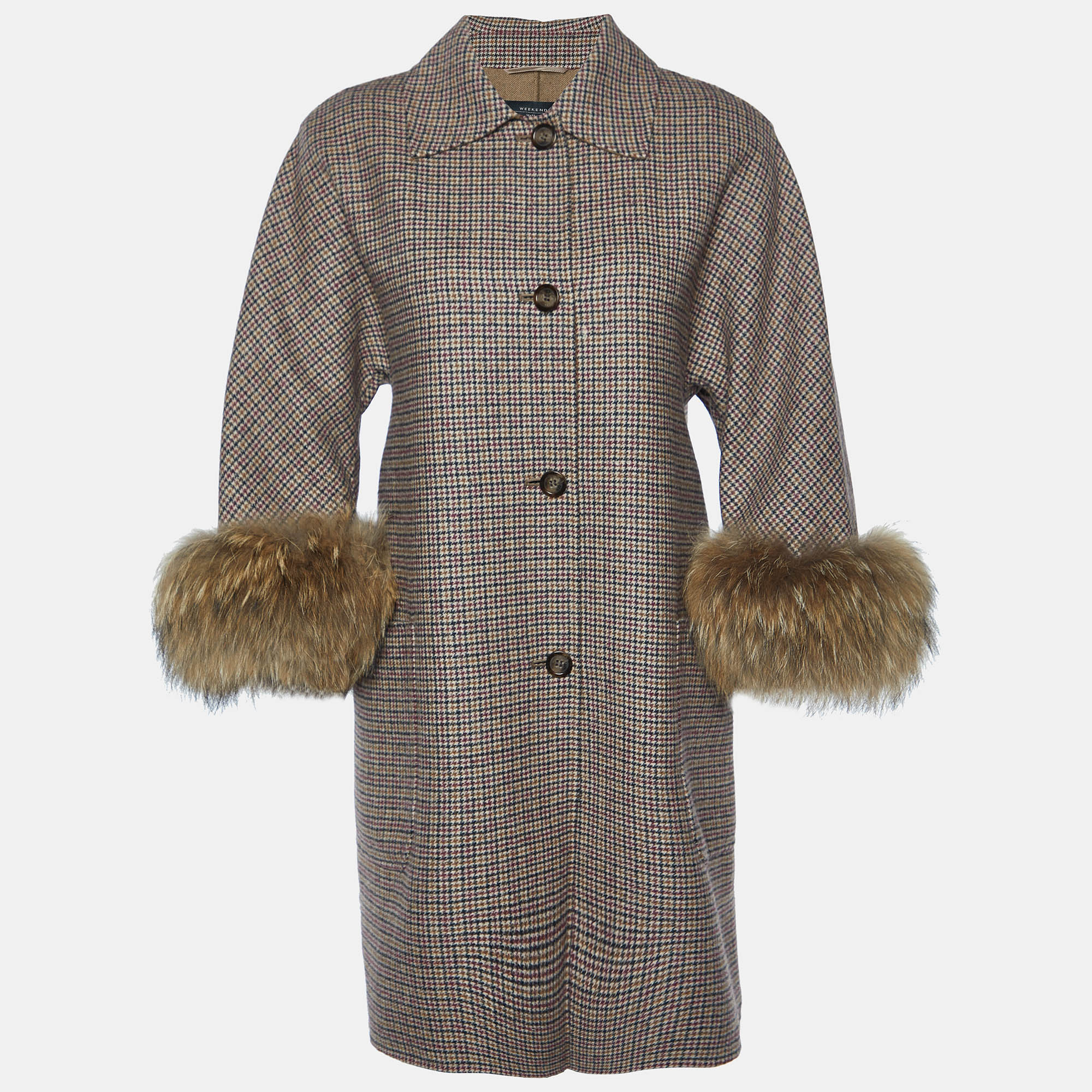 Brown Houndstooth Wool Fur Trimmed Coat